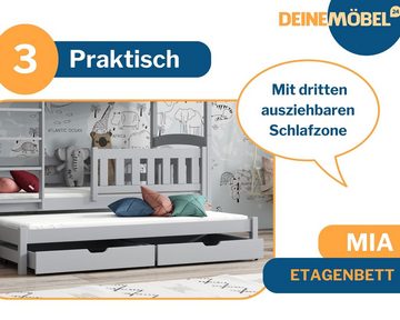 Deine Möbel 24 Etagenbett Hochbett Kinderbett MIA für 3 Kinder 90x200 Grau Kiefer Natur (Matratzen optional, aus Masssivholz Vollholz Kiefernholz), Rausfallschutz unten abnehmbar, inkl. Lattenrost