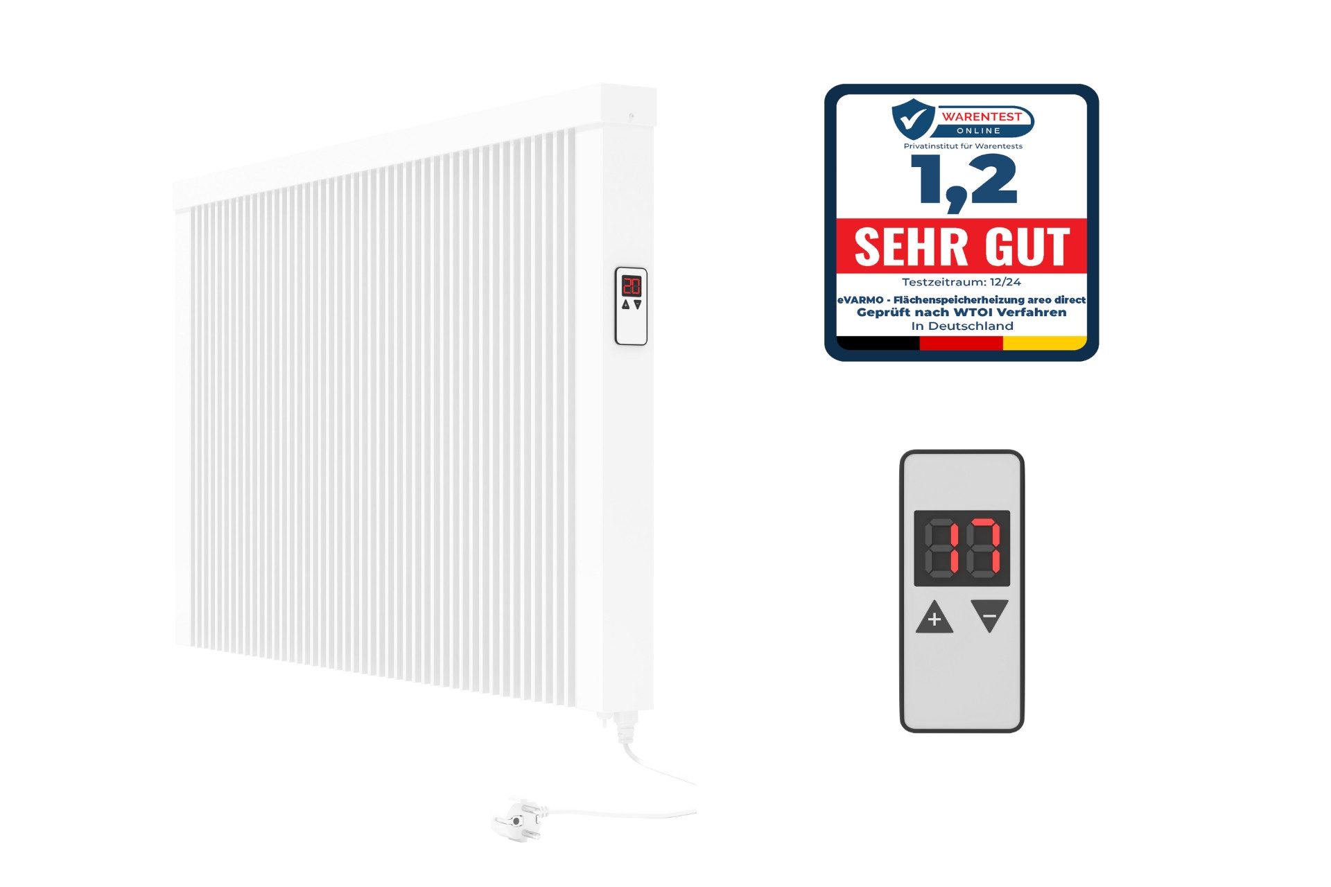 eVARMO Elektro-Heizkörper Flächenspeicherheizung areo direct 2.0, moderne Elektroheizung, Einfaches 2-Knopf-Thermostat, Appsteuerung ohne Zusatzgerät möglich