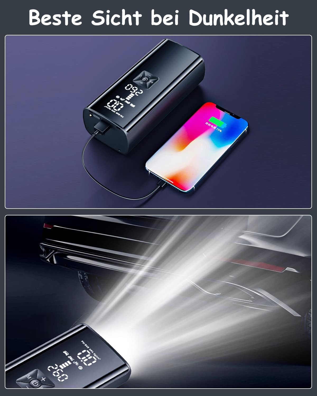 SinLaw Akku-Luftpumpe Elektrische Luftpumpe, wiederaufladbare Luftpumpe 6000 mAh 150 PSI (Set, 1-tlg), Mit USB/LED-Licht, Dient auch als Taschenlampe und Powerbank