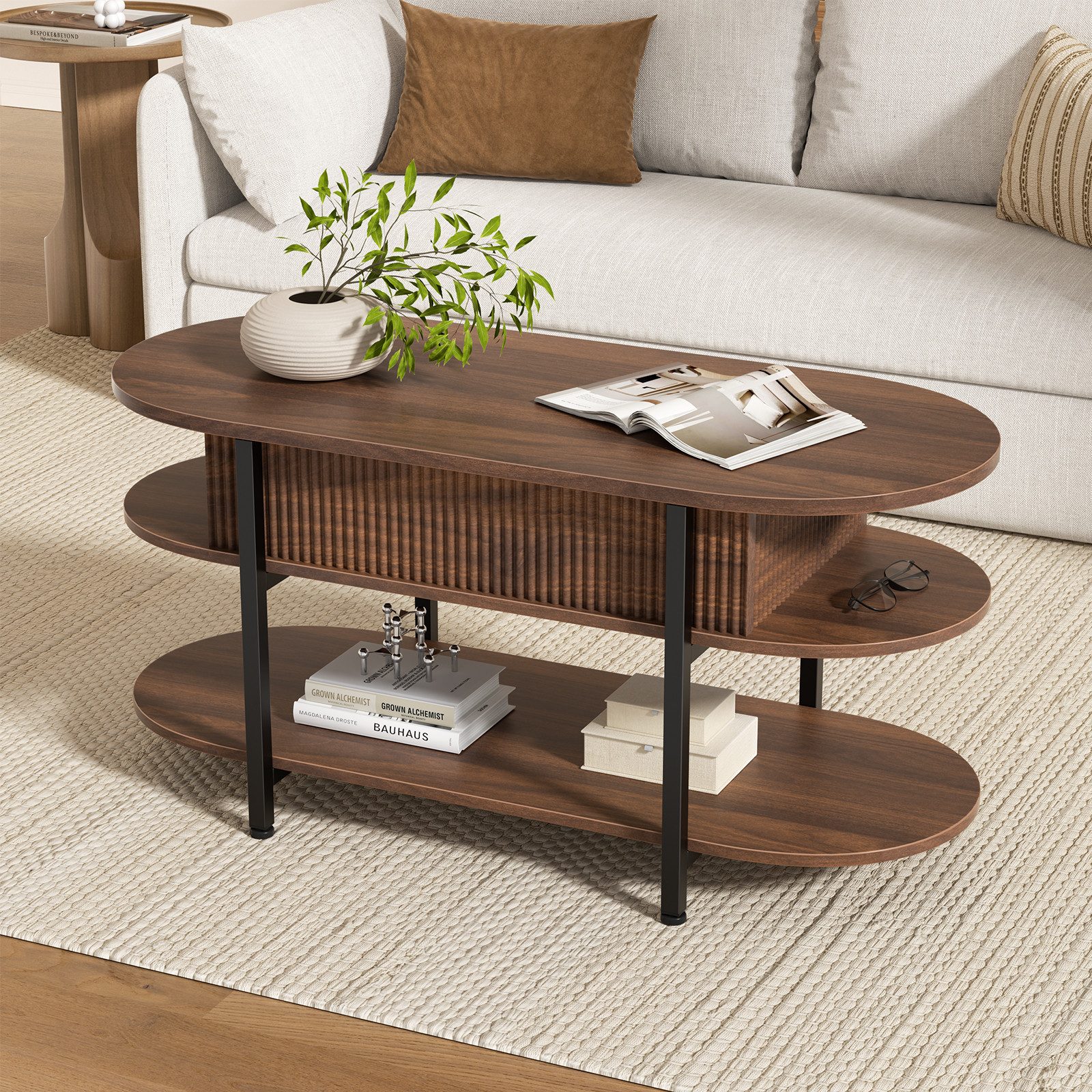 FABATO Couchtisch oval, höhenverstellbar mit verstecktem Stauraum, 3-Etagen-Design (1-St), 105.9×45×50-63.5cm, braun