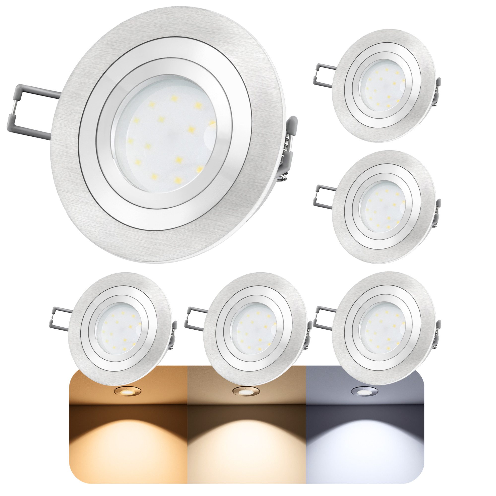 SSC-LUXon LED Einbaustrahler RF-2 LED Einbauleuchte Alu rund 6er Set 230V 6W dimmbar 3CCT, Neutralweiß, Warmweiß, Tageslichtweiß