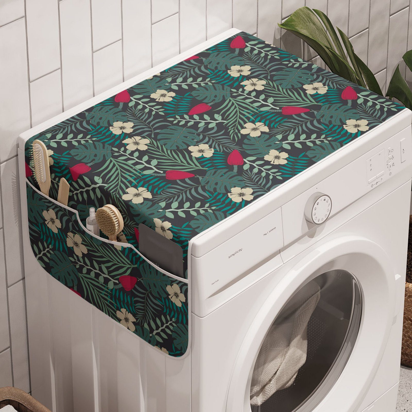 Abakuhaus Badorganizer Anti-Rutsch-Stoffabdeckung für Waschmaschine und Trockner, Tropisch Exotische Palm Blätter Blumen
