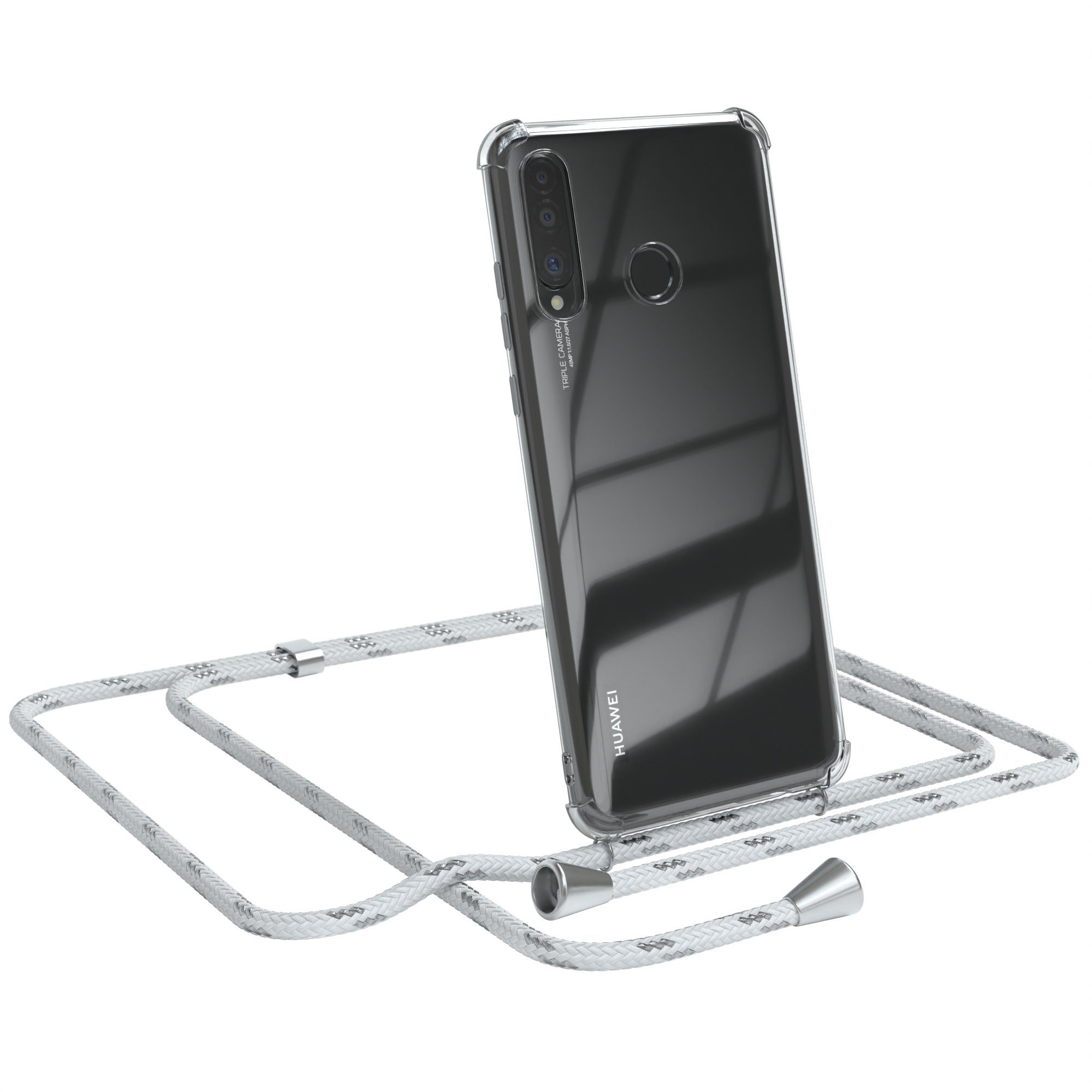 EAZY CASE Handykette Hülle mit Kette für Huawei P30 Lite 6,15 Zoll, Hülle Smartphonekette für Unterwegs Festivalhülle Transparent Weiß