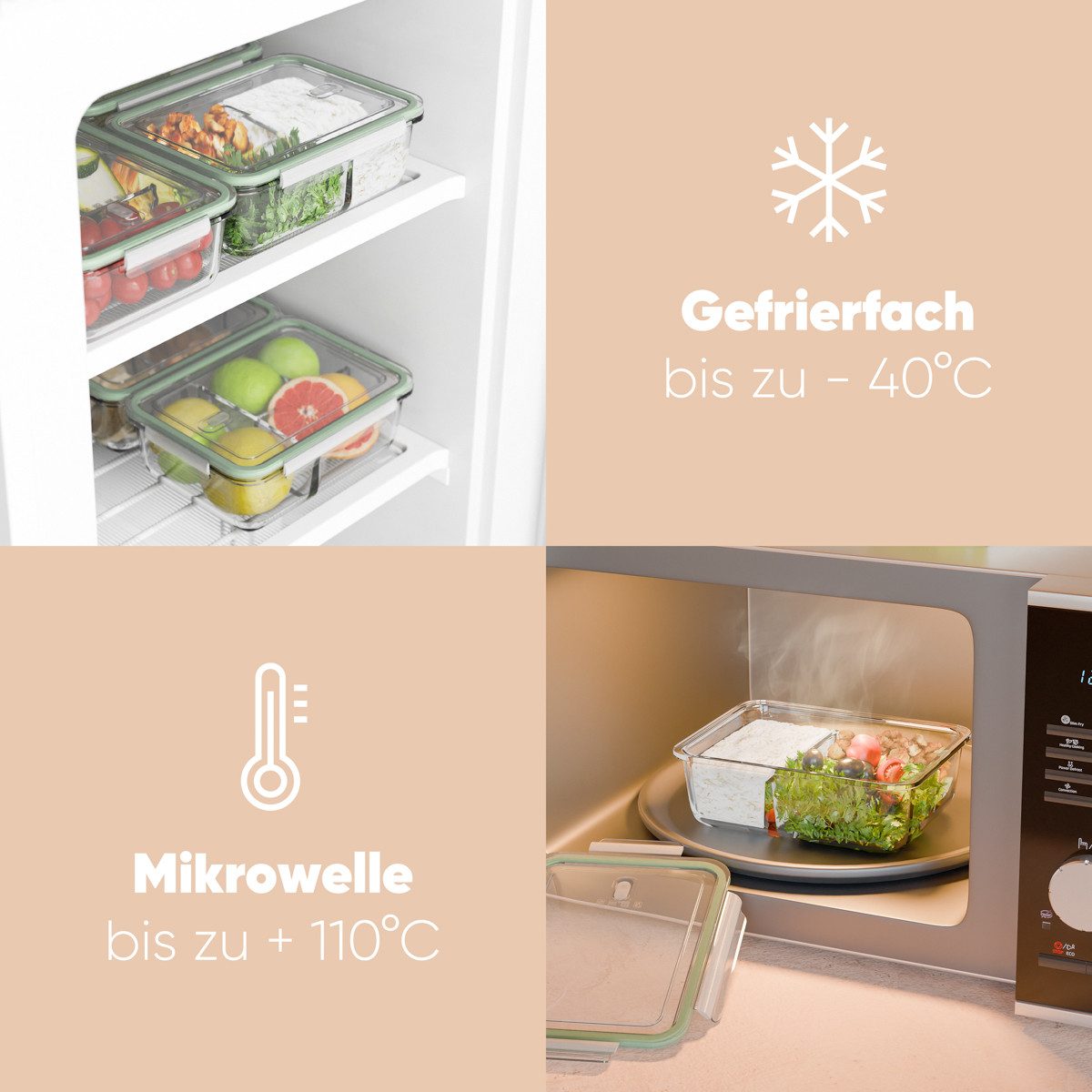 classbach Frischhaltedose C-FHDM 4021 G, Meal Prep Boxen Glas mit Fächern, 3er Set – Bild 3 von 5