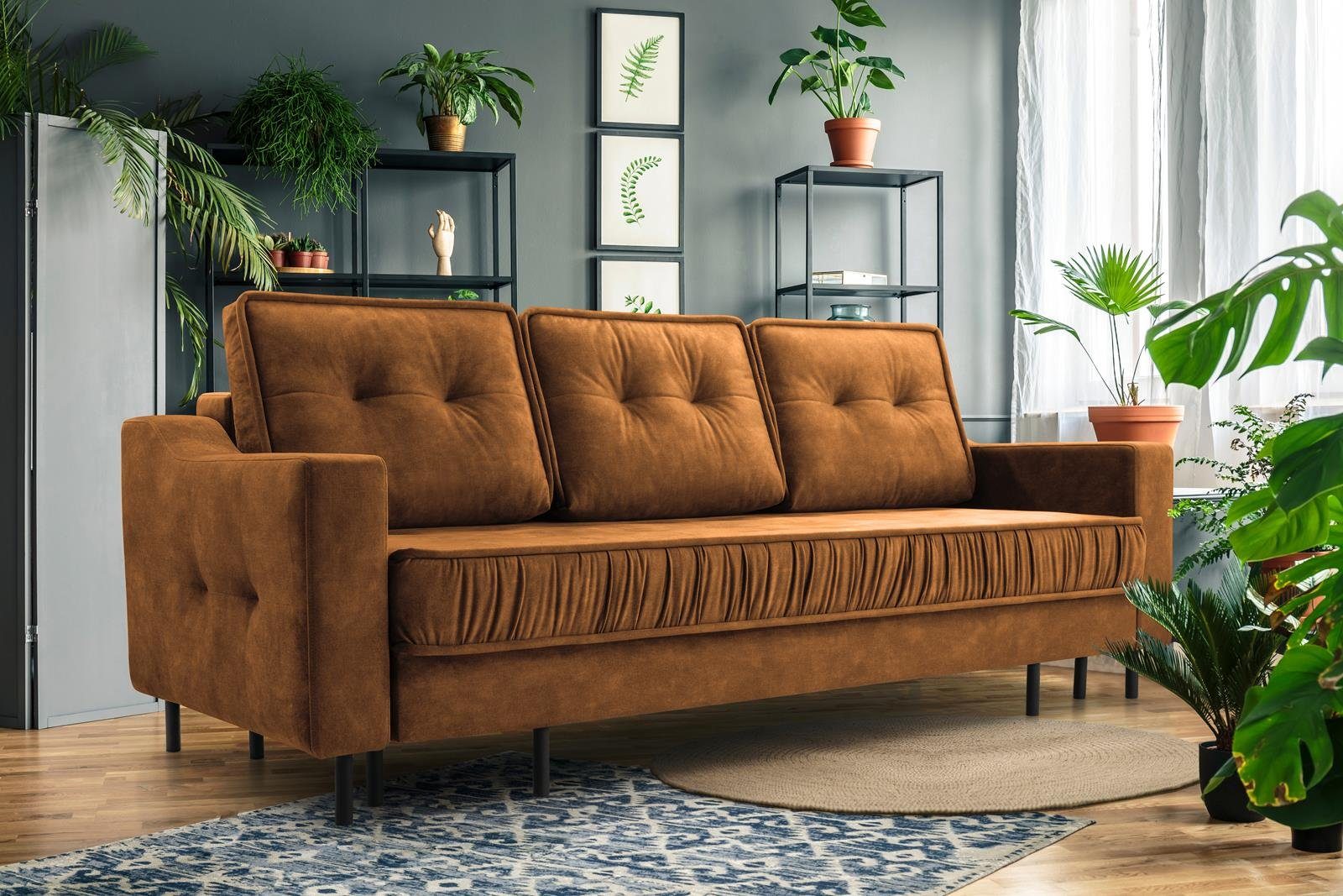 Beautysofa 3-Sitzer ALA, im skandinavisches Stil, mit hohe Metallbeine, für Wohnzimmer, Polstersofa aus Velours, mit Schlaffunktion und Bettkasten Orange (palladium 09)
