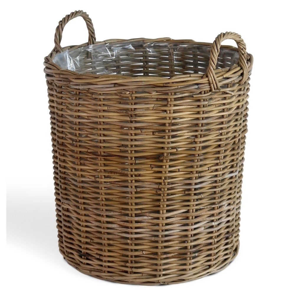 LebensWohnArt Dekokorb Natur Rattankorb BAKUL rund Grey 50cm Pflanzkorb Inlay Griffe