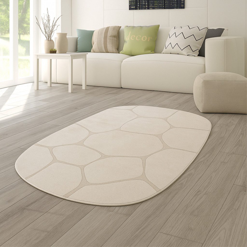 Carpetia Teppich Teppich Wohnzimmer Höheneffekt im abstrakten Muster in creme, oval, Höhe: 14 mm