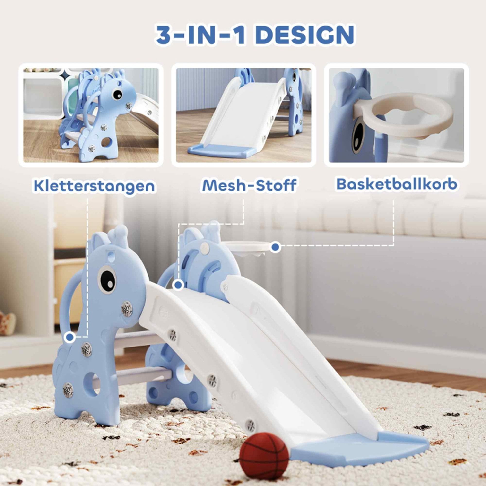 MC Star Rutsche 3-in-1 für Kinder, Giraffenform, Basketballkorb, Ball, Grau