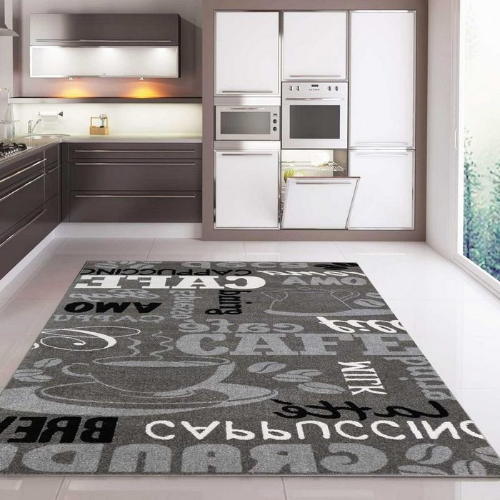 Teppich Küchenteppich Grau Trendiger Kaffee Teppich verschiedene Schriftarten und Muster Kaffee Vimoda Rechteckig