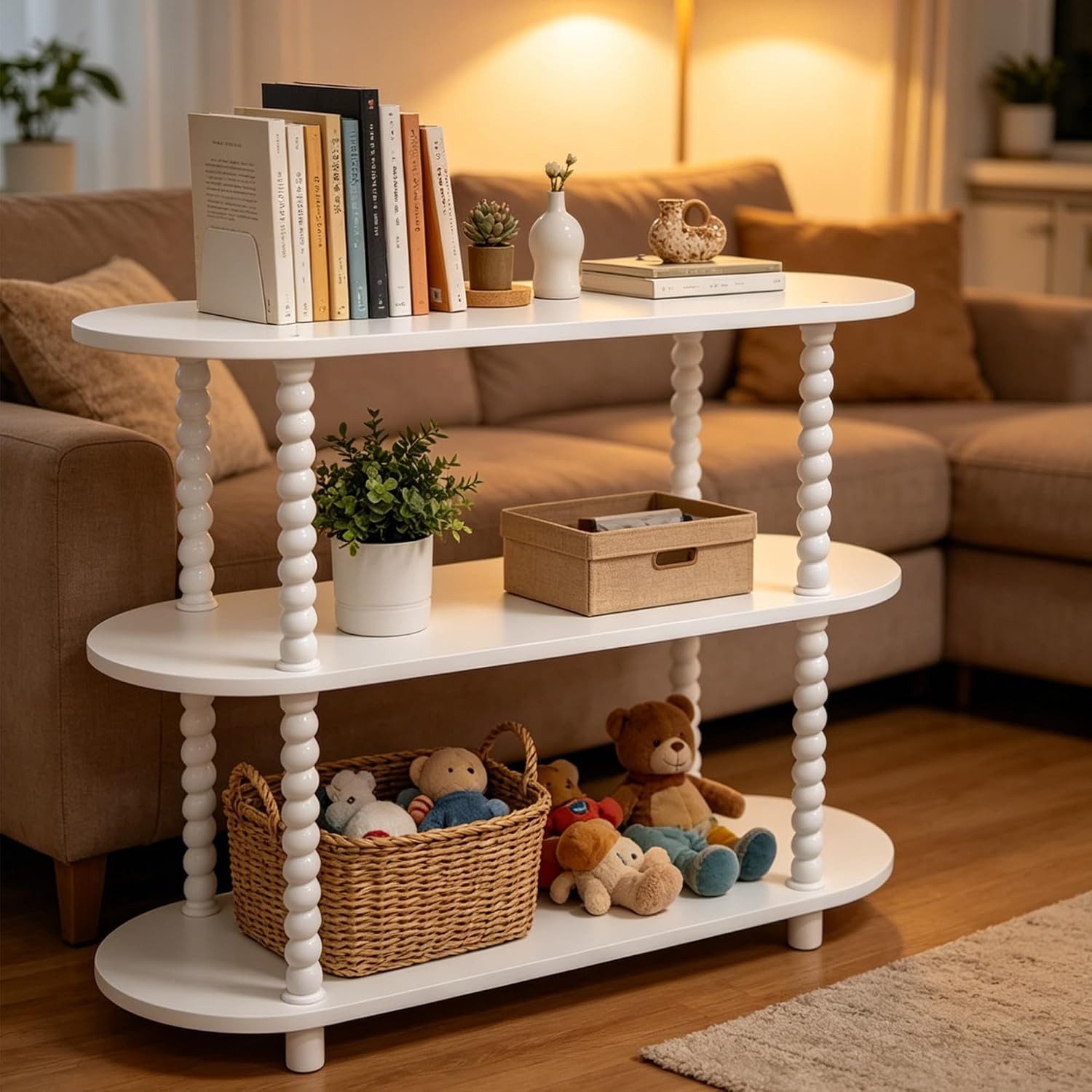 GarveeMore Konsolentisch mit 3 Ebenen,Schmaler Beistelltisch aus strapazierfähigem MDF, modernes Kürbisrohr-Design, platzsparend – Ideal für kleine Räume