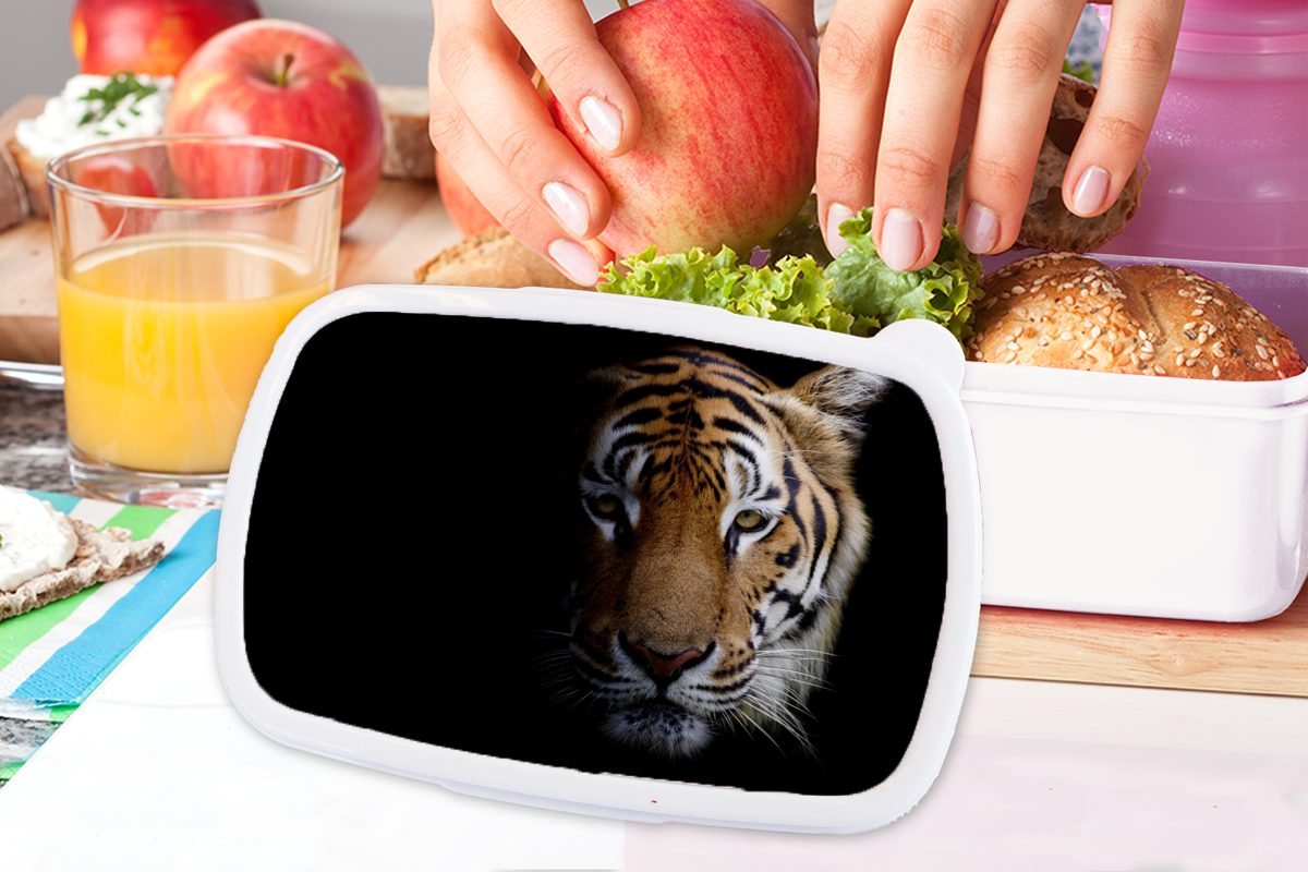 Kunststoff, Kopf, Mädchen und Brotdose, für Brotbox Jungs weiß Tiger (2-tlg), MuchoWow Tiere und - für Kinder Erwachsene, Lunchbox -