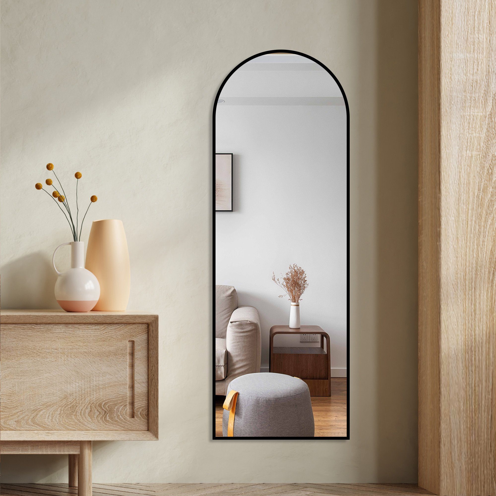 Boromal Spiegel Schwarz groß 150x50 Spiegel Flur Ganzkörper Flurspiegel Wandspiegel (Rundboegn Oval, mit Aluminiumrahmen), hängend, Wand gelehnt