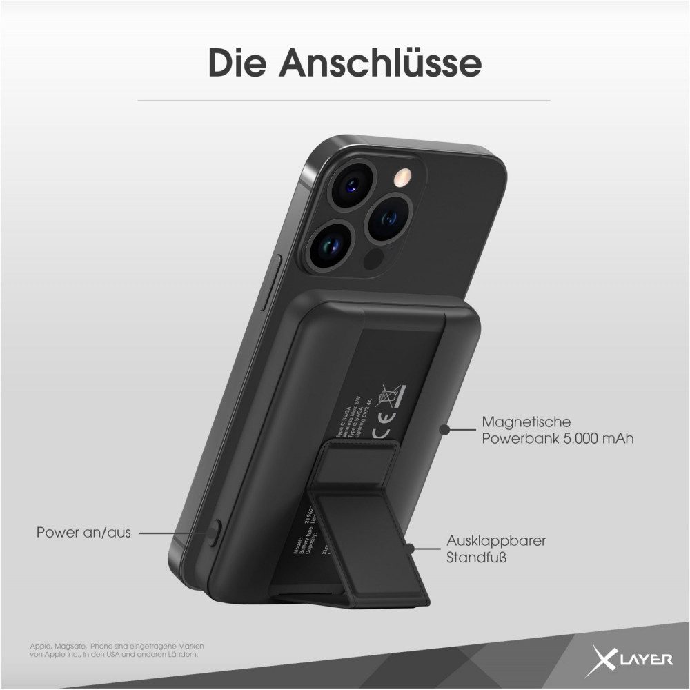 XLAYER xlayer magfix pro powerbank 5000mAh schwarz. Wireless Charger (Powerbank, MagSafe-kompatibel für iPhones, MagSafe-kompatibel für iPhones)