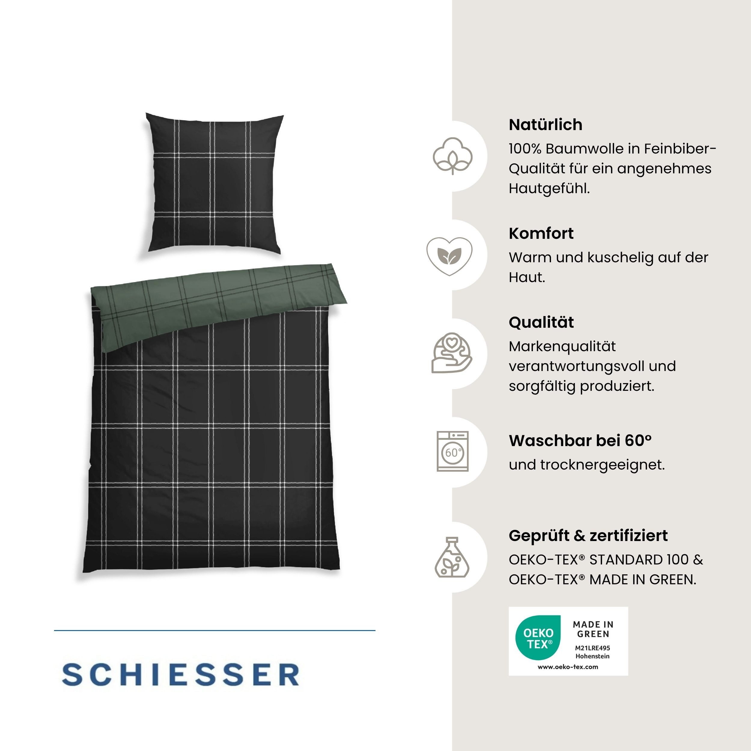 Schiesser Wendebettwäsche Ellis aus weicher Baumwolle in klassischem Karo, Feinbiber, 2 teilig, OEKO-TEX® MADE IN GREEN – Bild 2 von 5