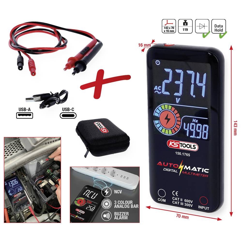 KS Tools Multimeter Automatik Digital-Multimeter inkl. Prüfspitzen 150.1765