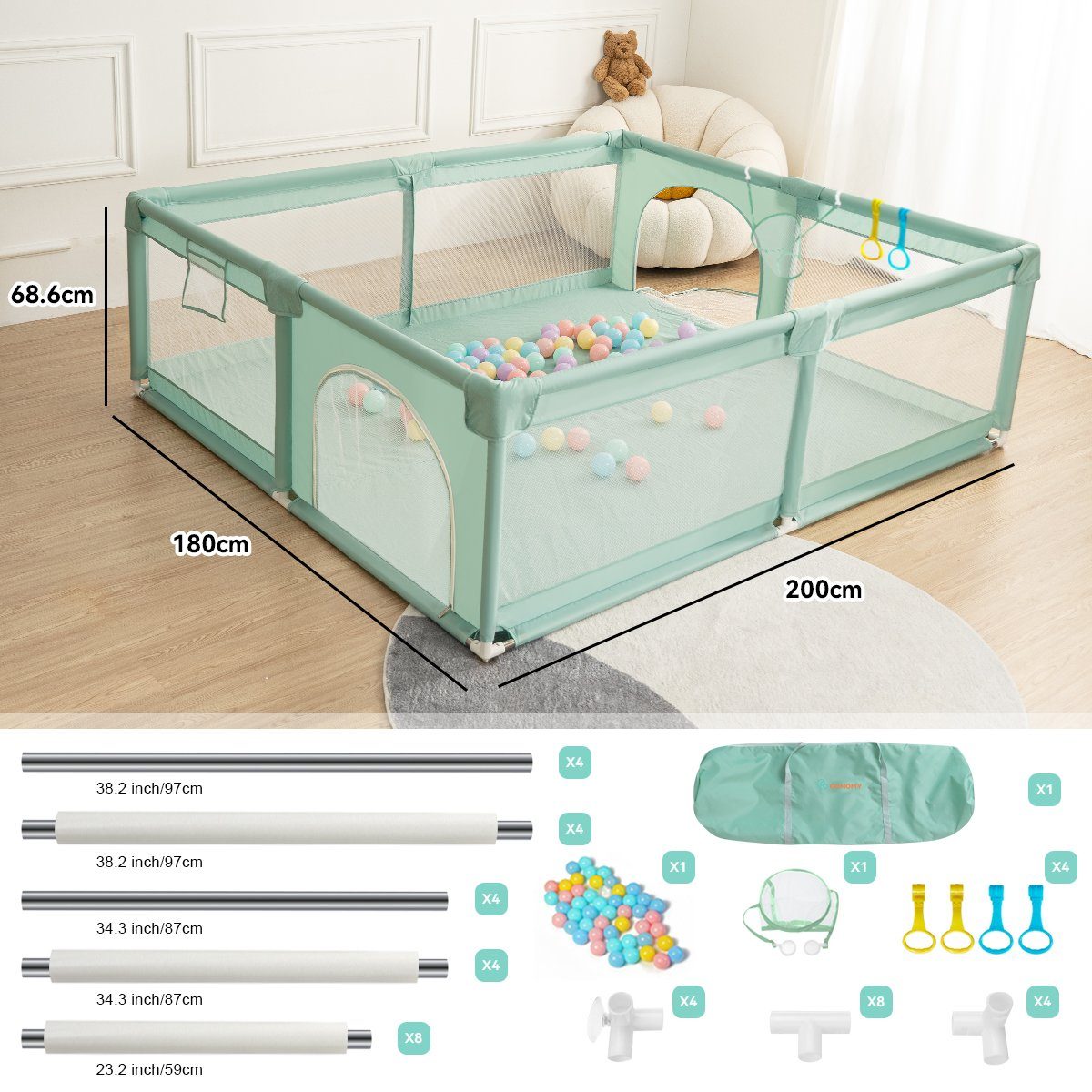 Comomy Laufgitter, Baby Krabbelgitter Kinder Schutzgitter mit Kugeln 200x18 günstig online kaufen