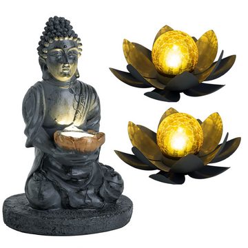 etc-shop Gartenleuchte, Leuchtmittel inklusive, Warmweiß, 3er Set LED Solar Lotusblüten Feng Shui Buddha Garten Deko Lampen