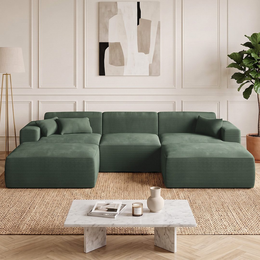 skølm Sofa Freki aus Cord, Vollschaumcouch mit Federkern und Vakuum-Kompression, Dunkelgrün, Couch 3 Sitzer mit Hocker und 3 Kissen, kein Aufbau erforderlich, 319 cm breit, gepolstert, vakuumiert