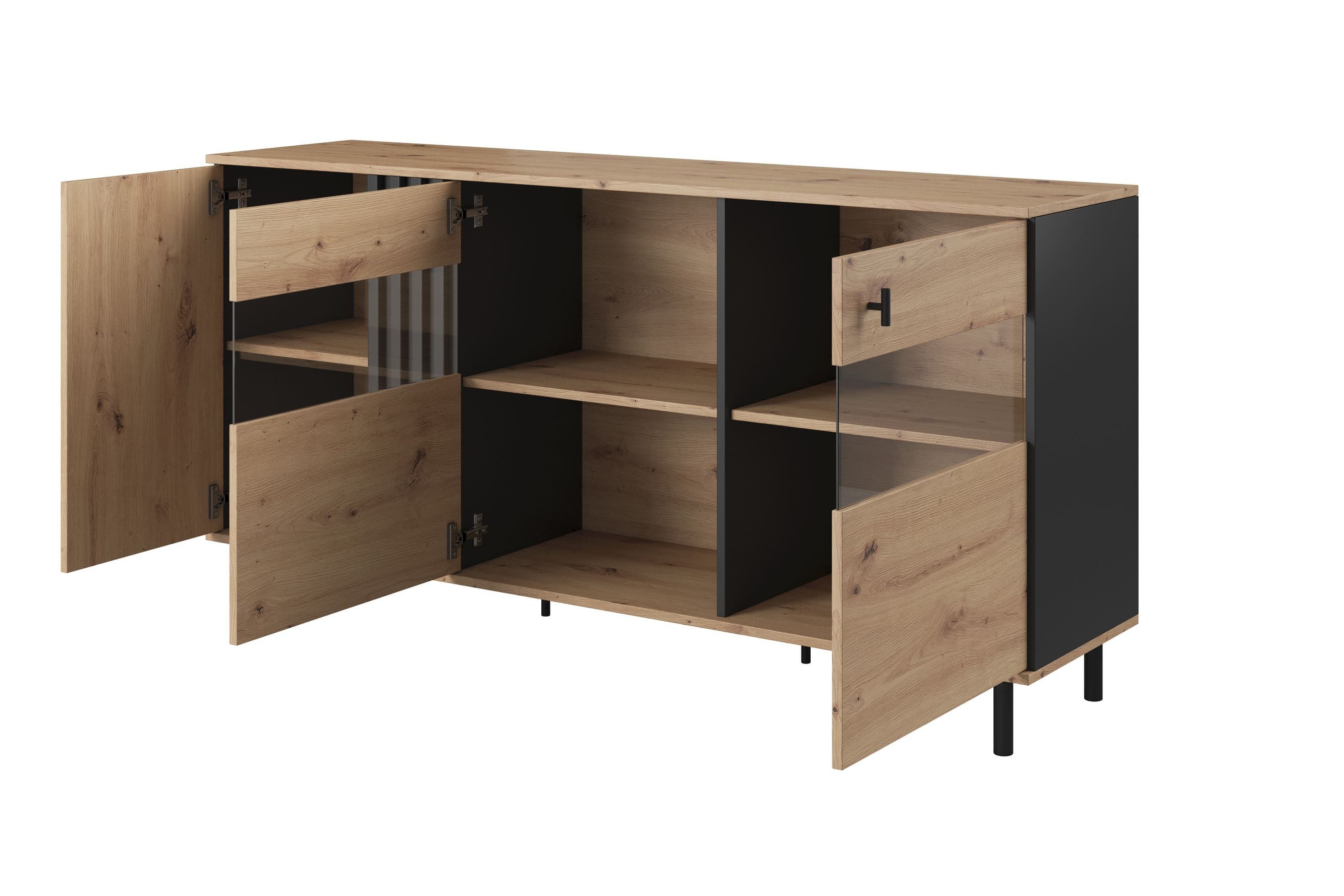 MOEBLO Kommode DEZMA E 3D - VITRINE (Artisan Eiche + Anthrazit + LED, mit Lamellen Sideboard Wohnzimmer Kommode Schlafzimmer Komodenschrank Glasvitrine), (BxHxT): 165x83x40 cm