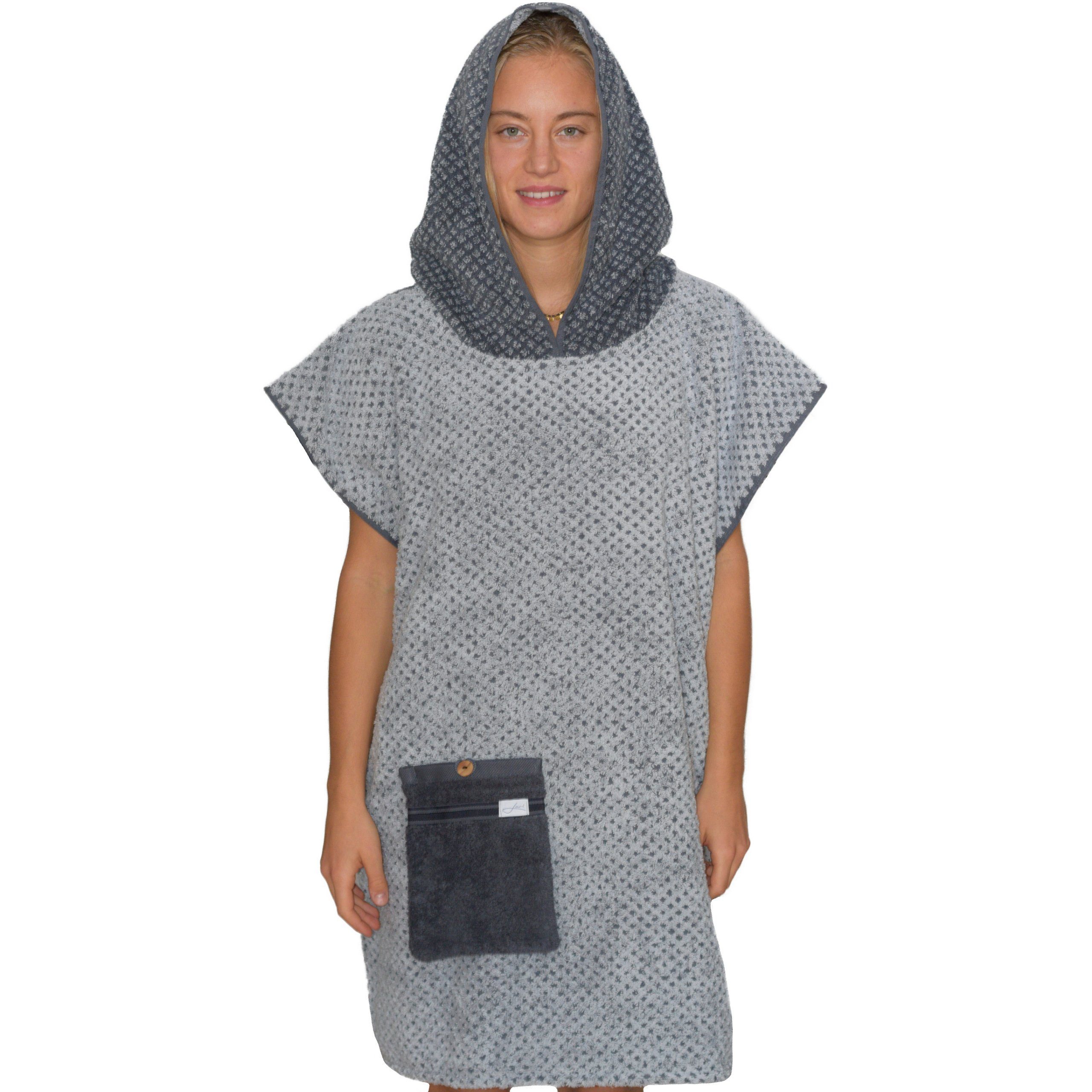 mit Surfponcho Made Tasche in Germany Badeumhang, Lou-i Frottee und Kapuze Erwachsene Kapuze, Silber Badeponcho