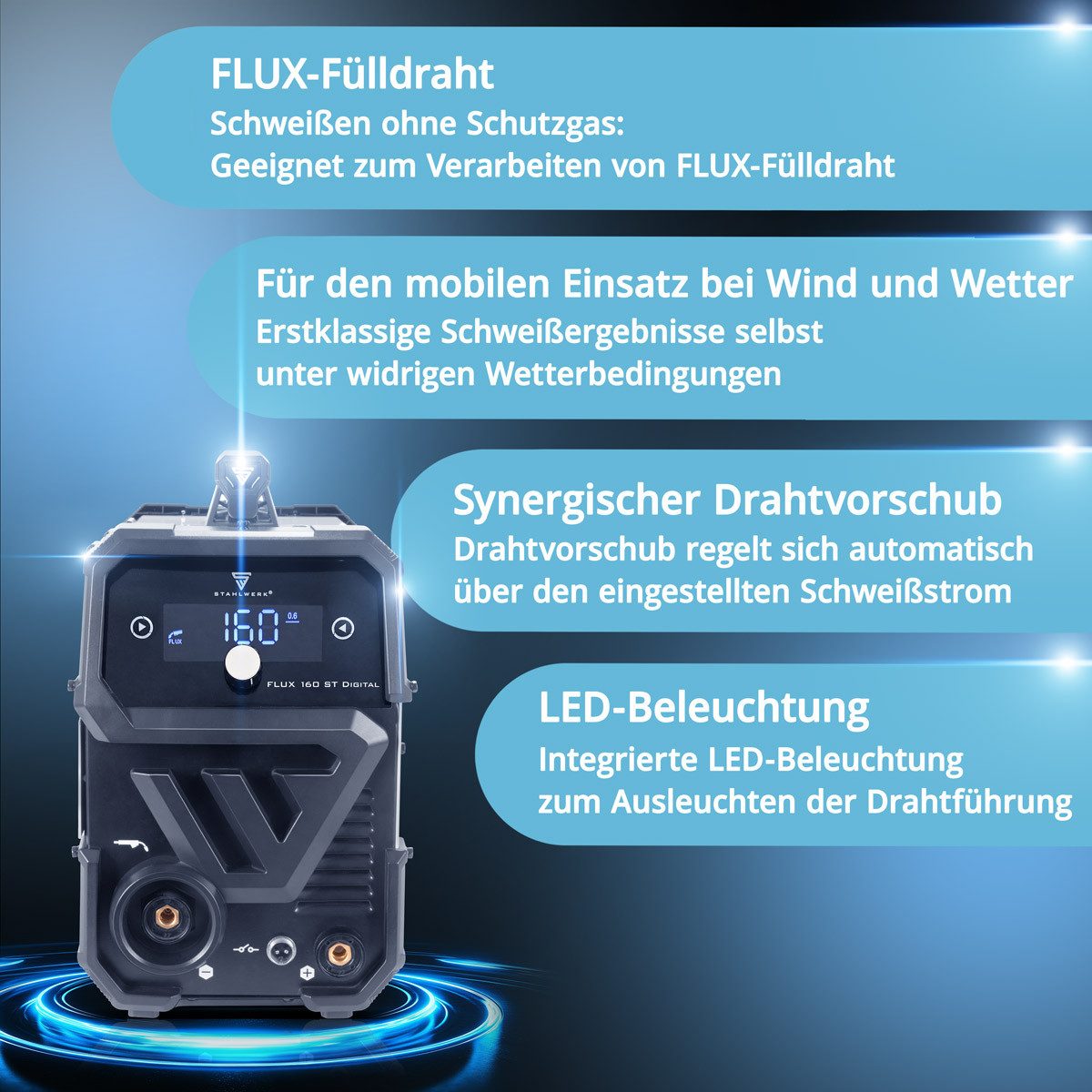 STAHLWERK Fülldrahtschweißgerät Kombischweißgerät FLUX 160 ST Digital LIFT TIG Set mit WP 17V Brenner, Einzelgerät, 1-tlg., Einzelgerät, Digital-Display, für Industrie, Werkstatt und DIY