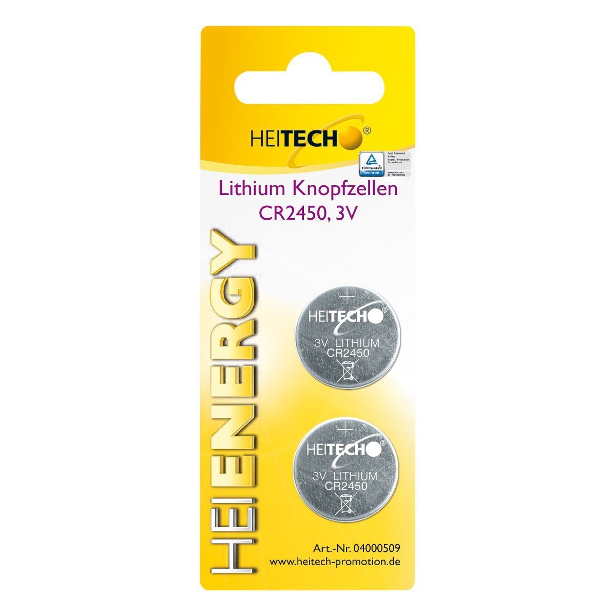 HEITECH Lithium Knopfzellen, 2-er Pack, CR2450, 3 V Knopfzelle