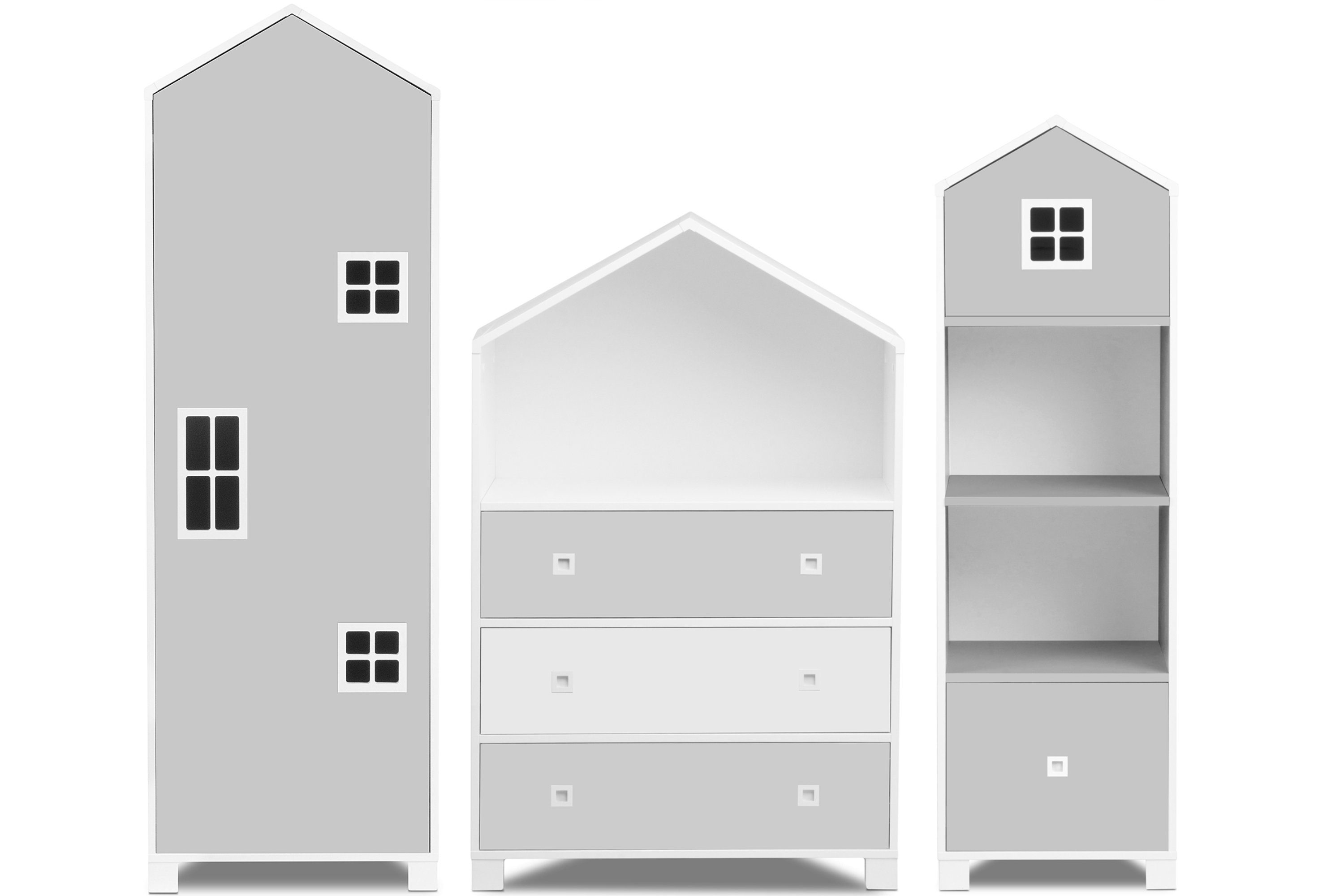 Konsimo Babyzimmer-Komplettset MIRUM Kindermöbel-Set / Kinderkomplettzimmer, 2x Bücherregal Kommode, weiß Hausform Möbel grau