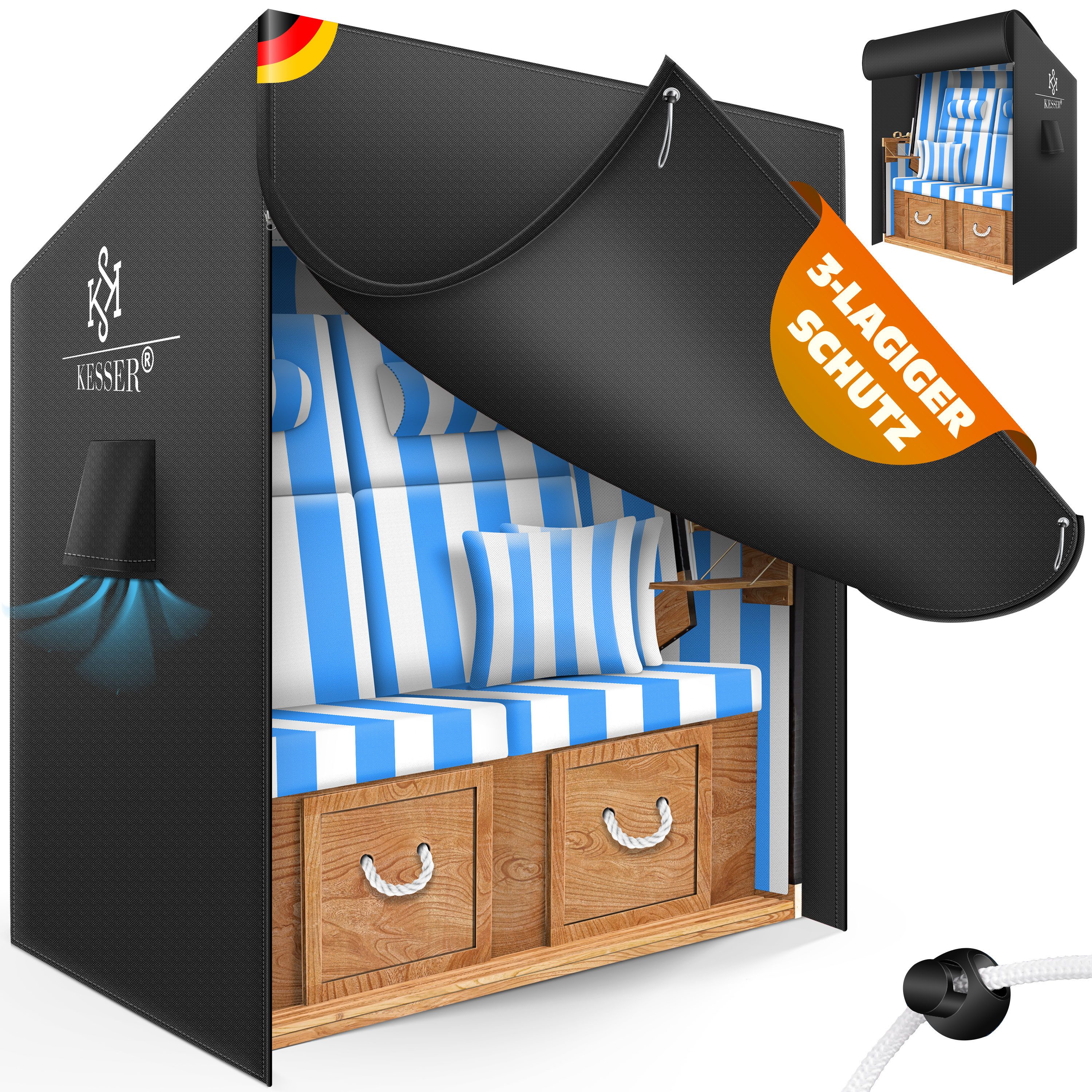 KESSER Strandkorb-Schutzhülle Premium Abdeckung 600D Oxford Gewebe (Strandkorbabdeckung mit Belüftungsöffnungen 160x120x90 cm), UV-Beständige Strandkorbhülle Reißfest, Winterfest & Wasserdicht