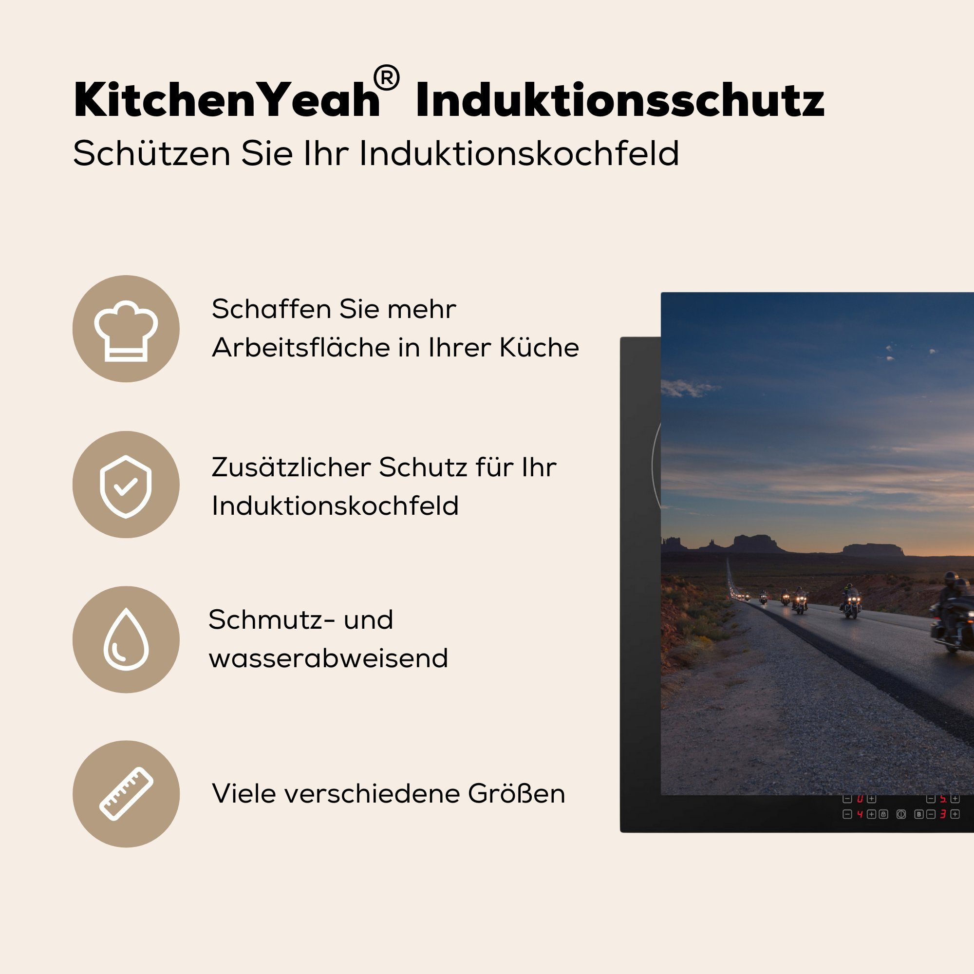 Vinyl, MuchoWow cm, (1 Arbeitsplatte küche - 78x78 Herdblende-/Abdeckplatte für Ceranfeldabdeckung, Sonnenuntergang, Straße tlg), - Motorrad