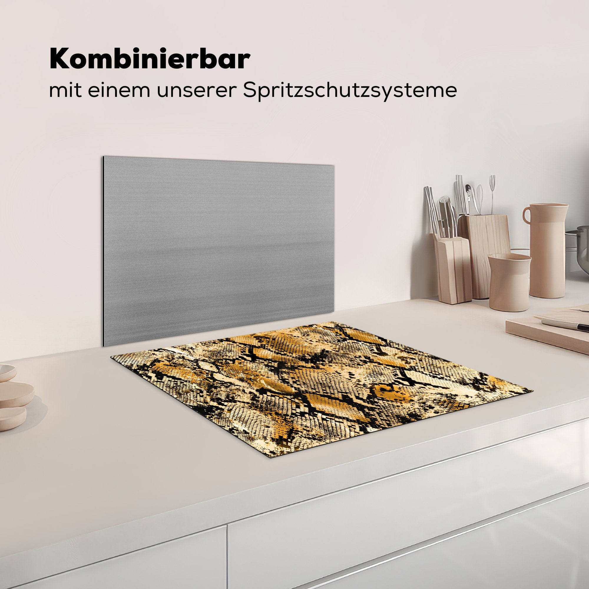 küche, 59x52 Schlange, tlg), Tiermuster cm, (1 die Vinyl, - für Ceranfeldabdeckung MuchoWow Gold Induktionsmatte Herdblende-/Abdeckplatte -