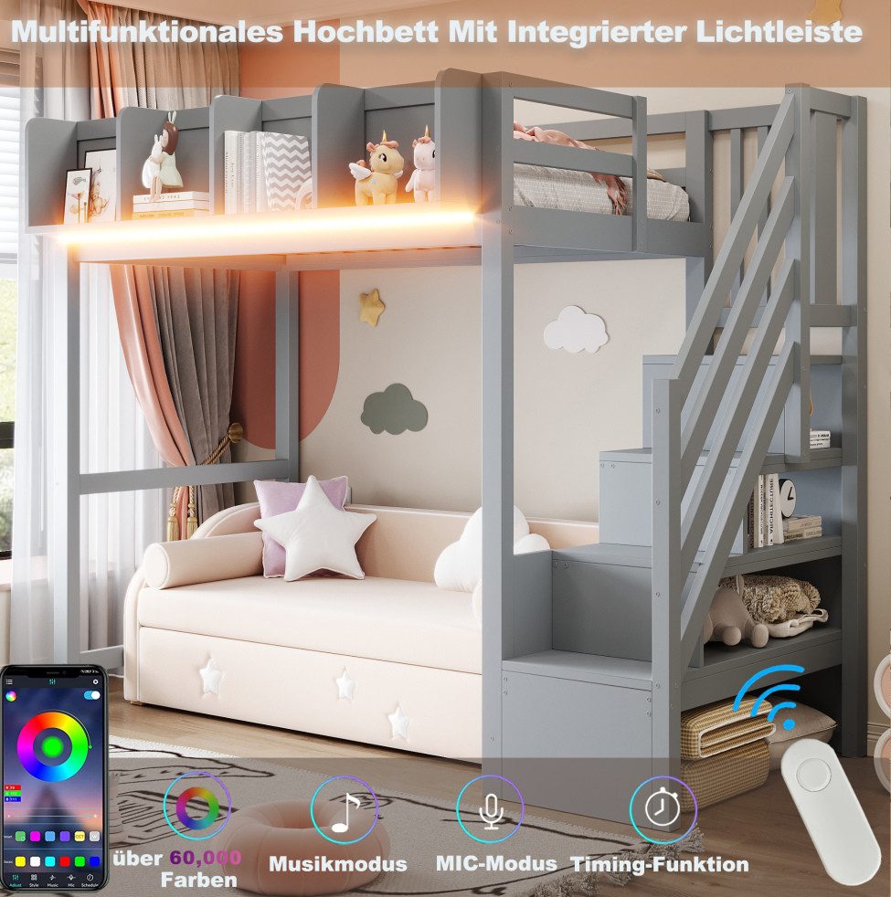 MODFU Hochbett mit Sicherheitsgeländer, integrierter Ablage und LED-Licht, Kinderbett (platzsparendes Jugendbett mit offenem Stauraum unter dem Bett, Holzbett 90x200 cm) ohne Matratze