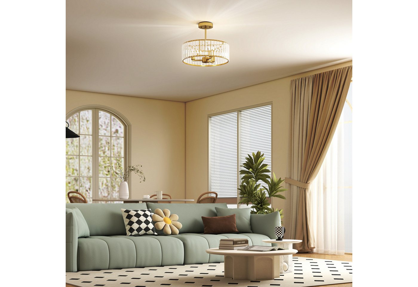 HOMCOM Deckenleuchte Kristall Deckenlampe Hängend, 3 x E14, Runde Deckenbeleuchtung, Elegantes Kristalllicht, E14 Glühbirnen, für Schlafzimmer Wohnzimmer Ø39 x 32 cm, exkl. Glühbirne Gold