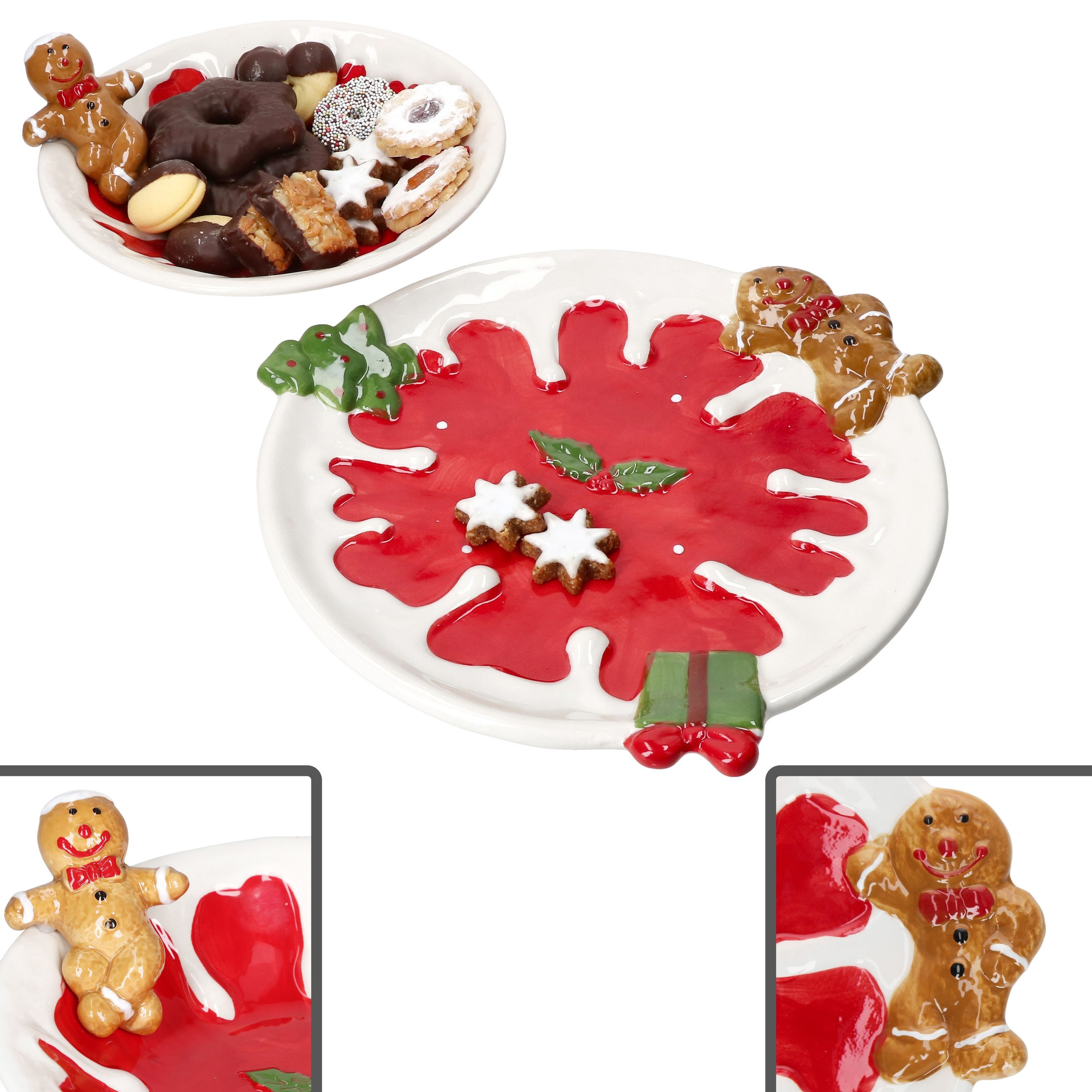 MamboCat Servierplatte 2tlg Set Weihnachtsstern Teller & Schale Steingut Lebkuchen Rot Keks, Steingut