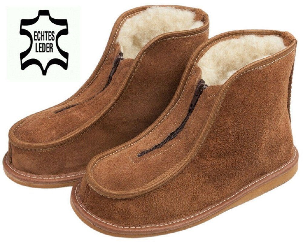 em-ka Damen Herren Leder Winter warme Hausschuhe Hüttenschuhe Schafwolle Hausschuh Hausstiefel, Lamwolle, Weihnachten Geschenkidee, Schurwolle, Naturprodukt