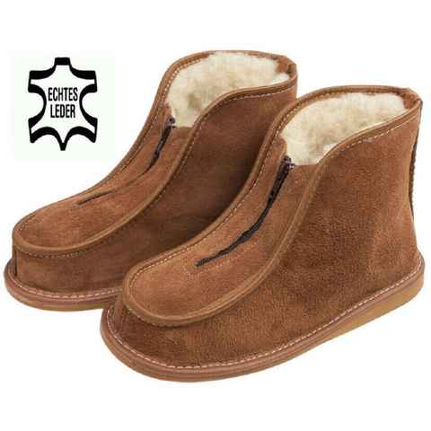 em-ka Damen Herren Leder Winter warme Hausschuhe Hüttenschuhe Schafwolle Hausschuh Hausstiefel, Lamwolle, Weihnachten Geschenkidee, Schurwolle, Naturprodukt