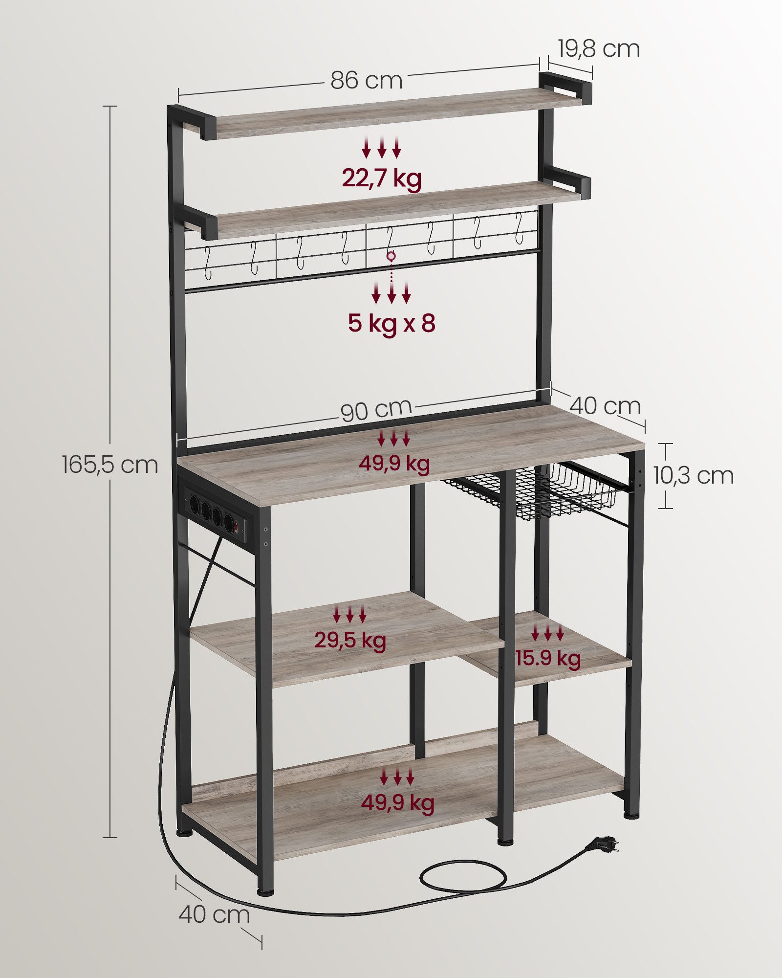 VASAGLE Küchenregal Standregal mit Steckdosen, 8 S-Haken, 40 x 90 x 165,5 cm, Kaffeebar, mit Korb, Bäckerregal, Gewürzregal – Bild 3 von 5
