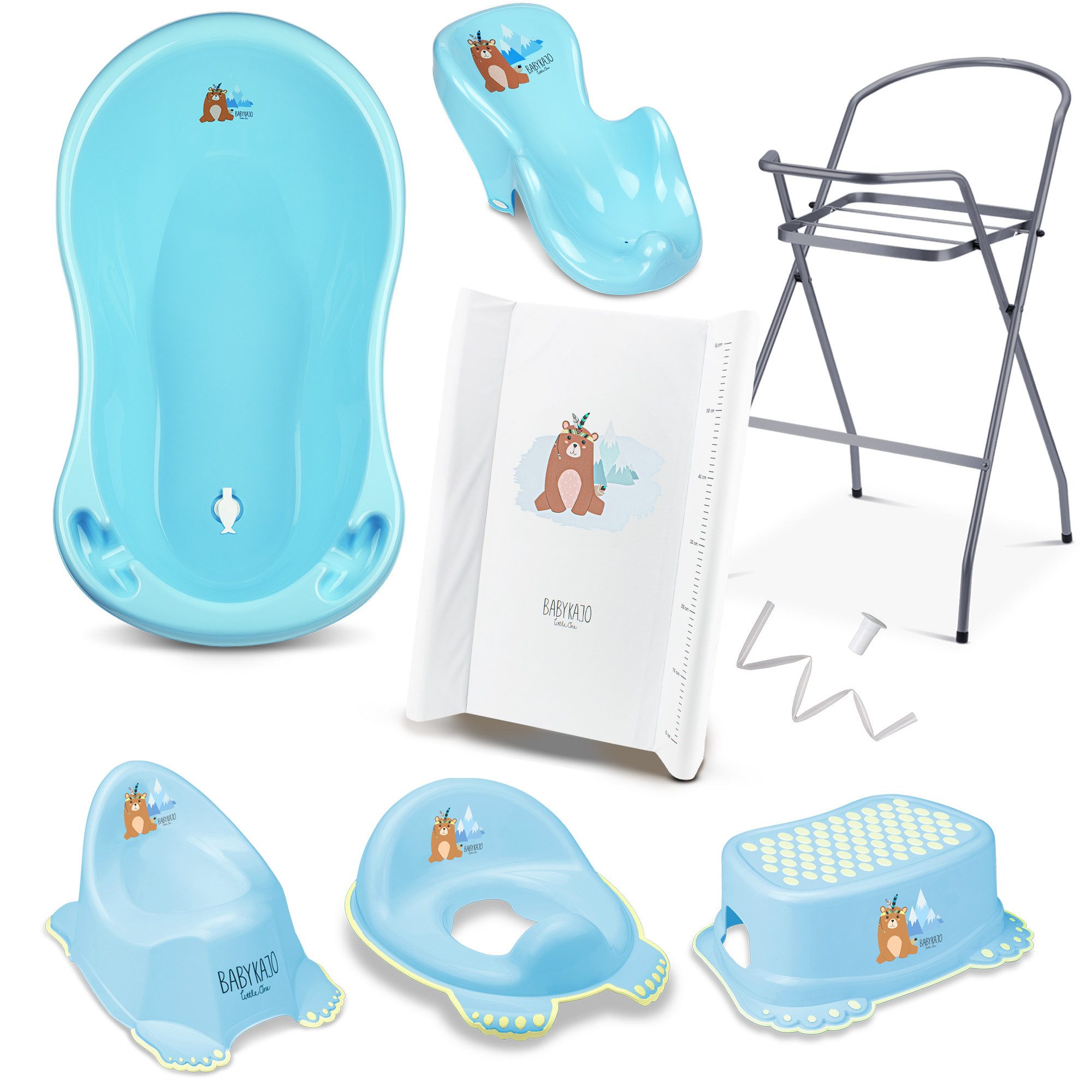 Babykajo Babybadewanne mit Ständer, (Set, 8-tlg), Wanne, Sitz, Wickelauflage, Gestell, Abfluss, Töpfchen, Hocker WC-sitz
