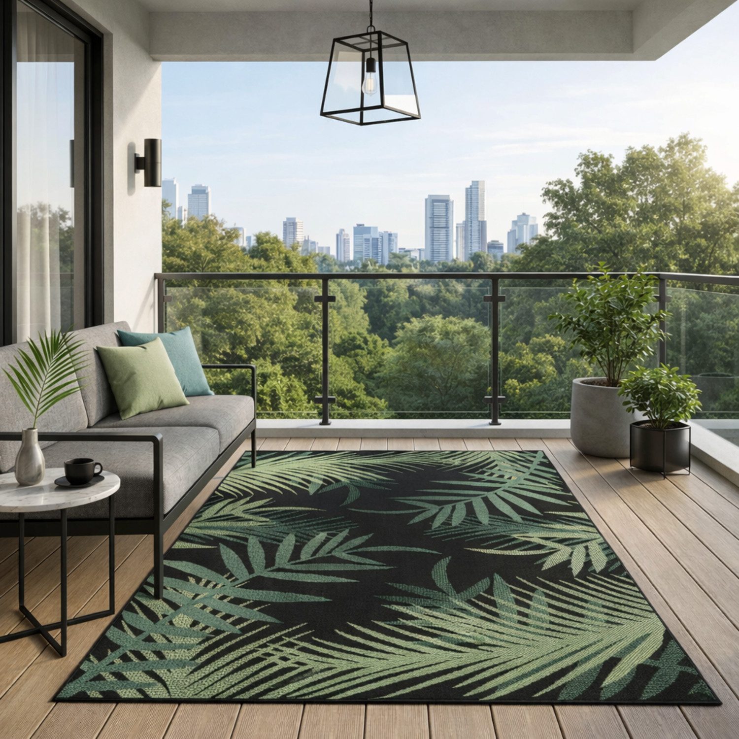 Vimoda Outdoorteppich Teppich wasserresistent In- und Outdoor Kurzflor Palmen Muster, Rechteckig, Höhe: 4.5 mm, Outdoorteppich Grün & Schwarz für Terrasse Balko schnell trocknend