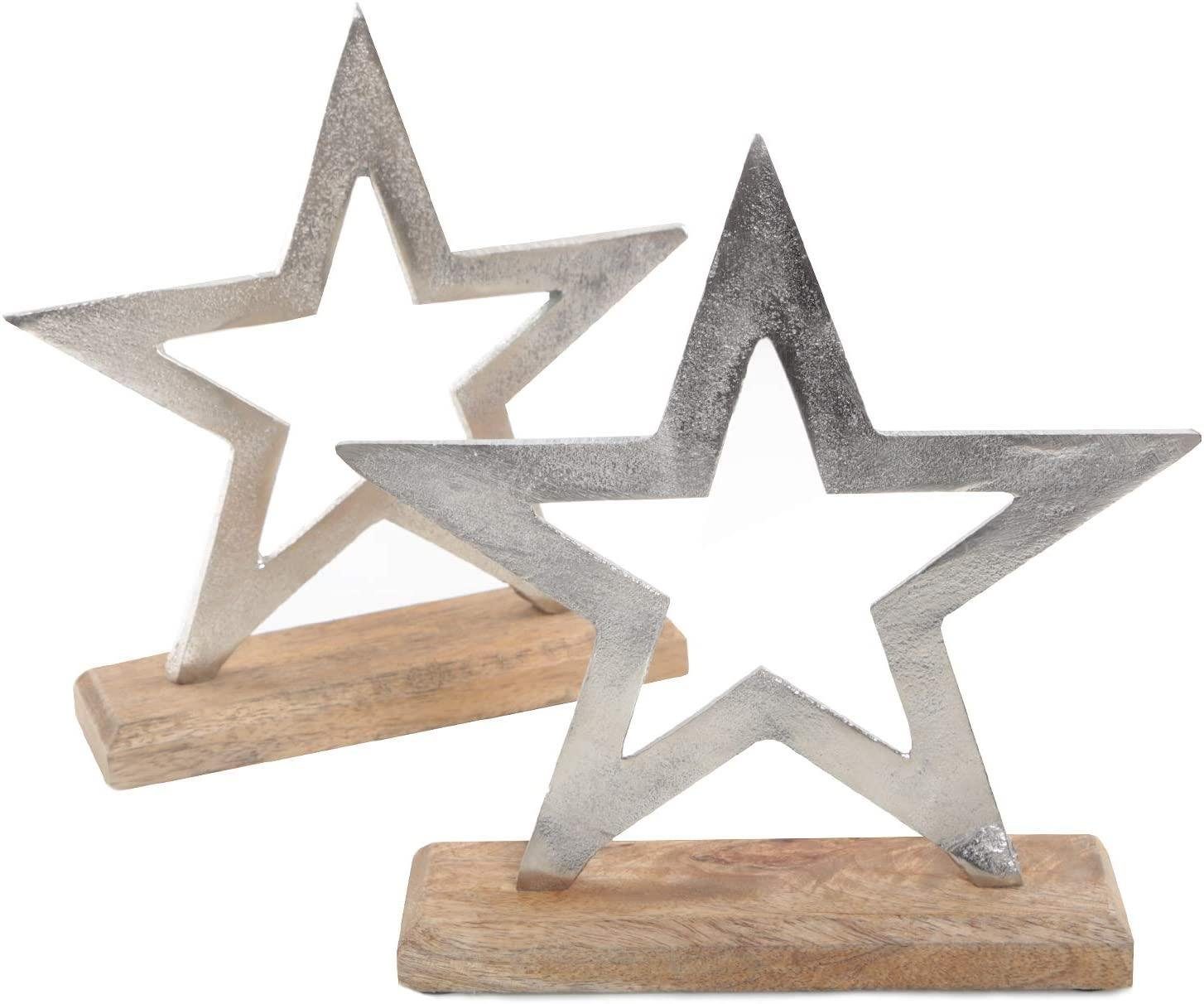 Weihnachtsfigur 2 Sterne Figuren 21 cm Holz + Metall silberfarben