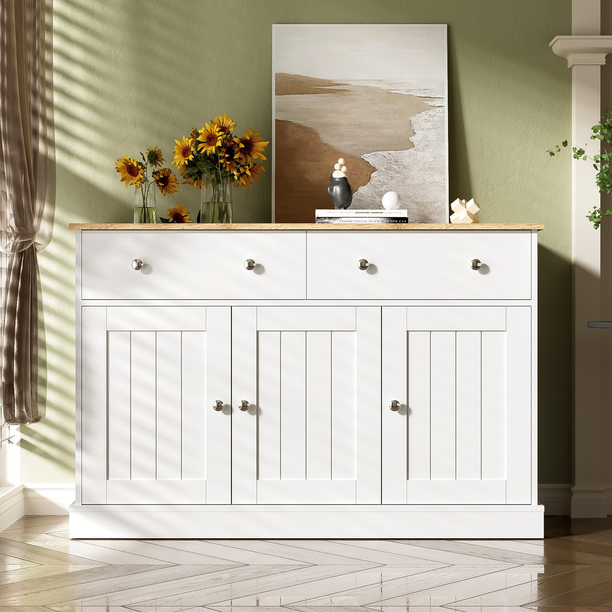 Merax Sideboard, mit 2 Schubladen und 3 Türen, Kommode Landhaus, Buffet, Anrichte