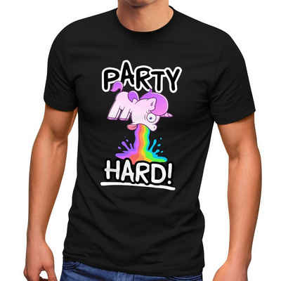 MoonWorks Print-Shirt Herren T-Shirt Party Hard kotzendes Einhorn Comic-Stil Saufshirt Fun-Shirt Spruch lustig Moonworks® mit Print