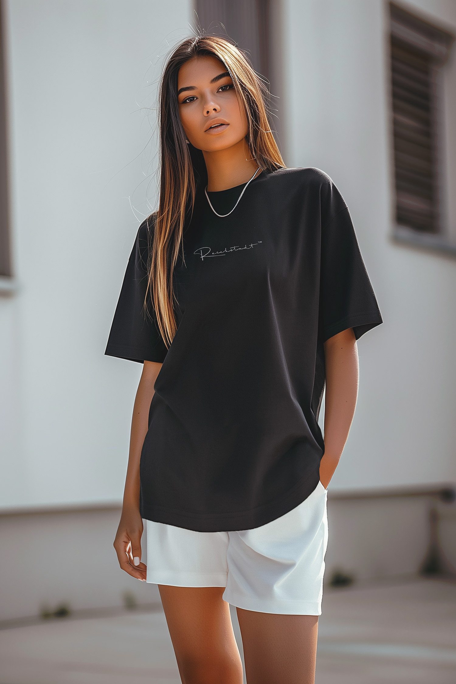 Reichstadt Oversize-Shirt Damen Oversized Kurzarmshirt Brand Stick 23RSW044 günstig online kaufen