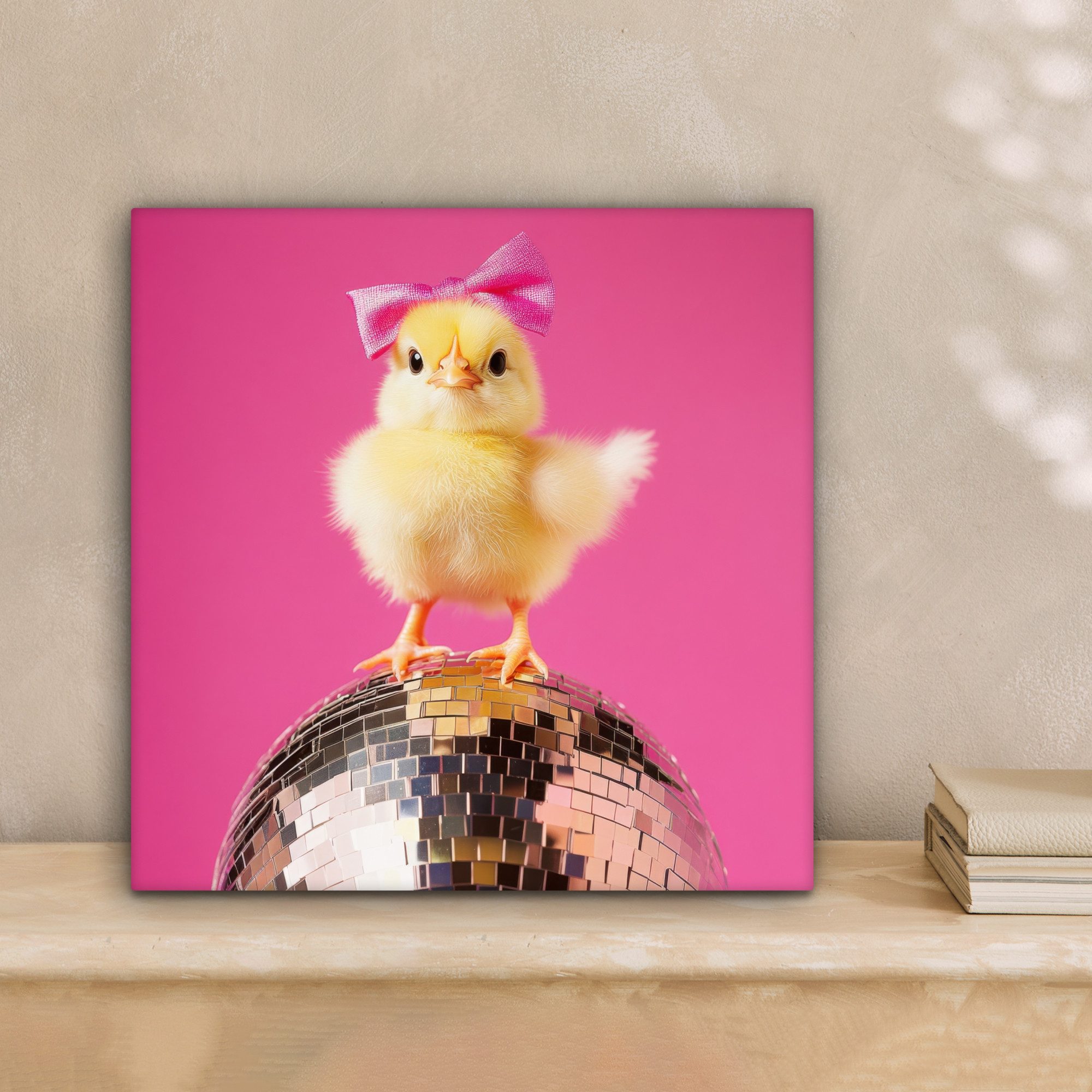 OneMillionCanvasses® Leinwandbild Discoball - Küken - Schleife - Ostern Dekoration, Fotodruck (1 St), Wandbild, Deko Schlafzimmer Wohnzimmer Flur 20x20 cm