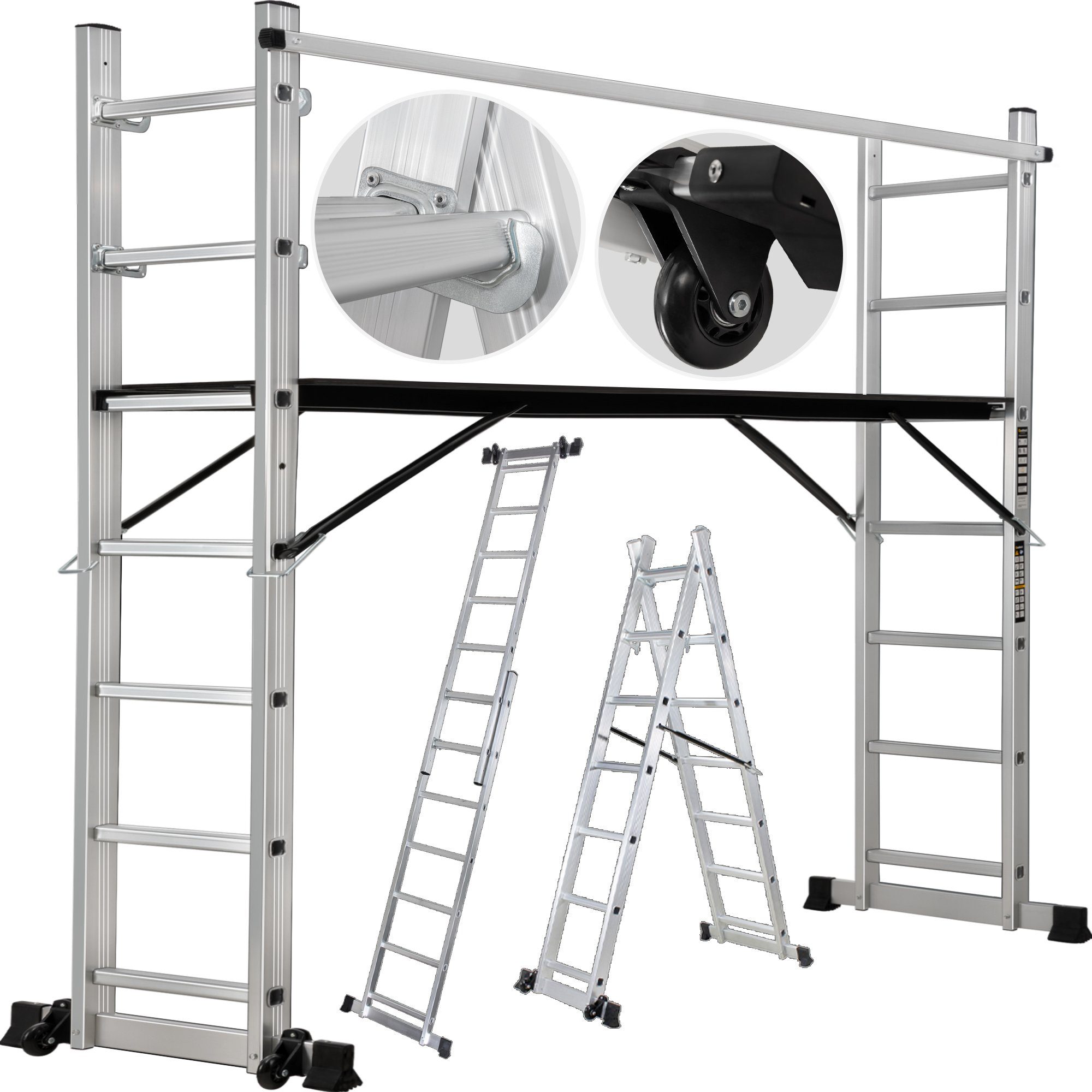 Craftfull Arbeitsgerüst 4in1 Leitergerüst CF-103A - 3 J. Garantie - Mehrzweckleiter Aluminium, (1.68 m - 1.95 m - 150 kg Traglast - Alu Stehleiter bis 150 kg - Doppelhohlkehlenprofil - Anlegeleiter - Gelenkleiter - Stehleiter - Trittleiter - Wandleiter - Bockleiter - Anlegeleiter - Haushaltsleiter - Stufen Leiter - Arbeitsleiter - Klappleiter - Sicherheitsleiter - Ausziehleiter - Multifunktionsleiter - Teleskopleiter, 1 St., Anti-Rutsch-Profil - Gummierte Standfüße - Alu & Holz), Gerüst Multigerüst mit Rollen - Arbeitsplattform Arbeitsbühne