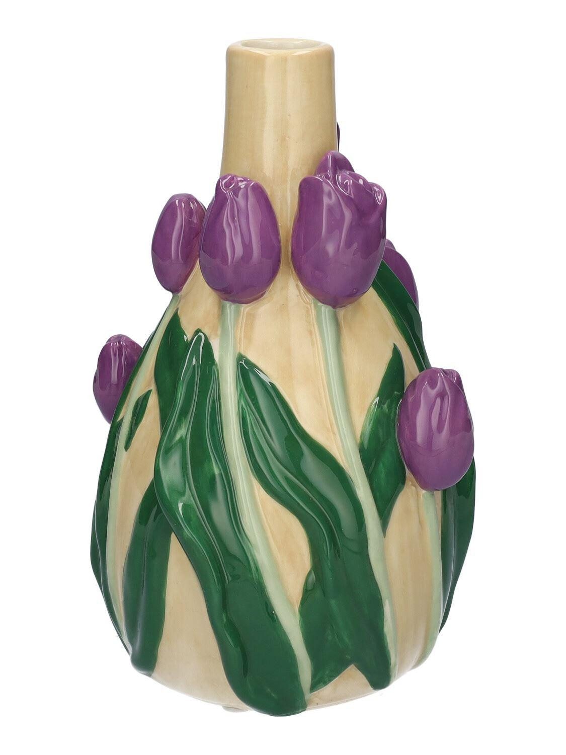 INNA-Glas Dekovase Blumenvase LIMEA aus Dolomit, 3D Tulpen, beige-lil