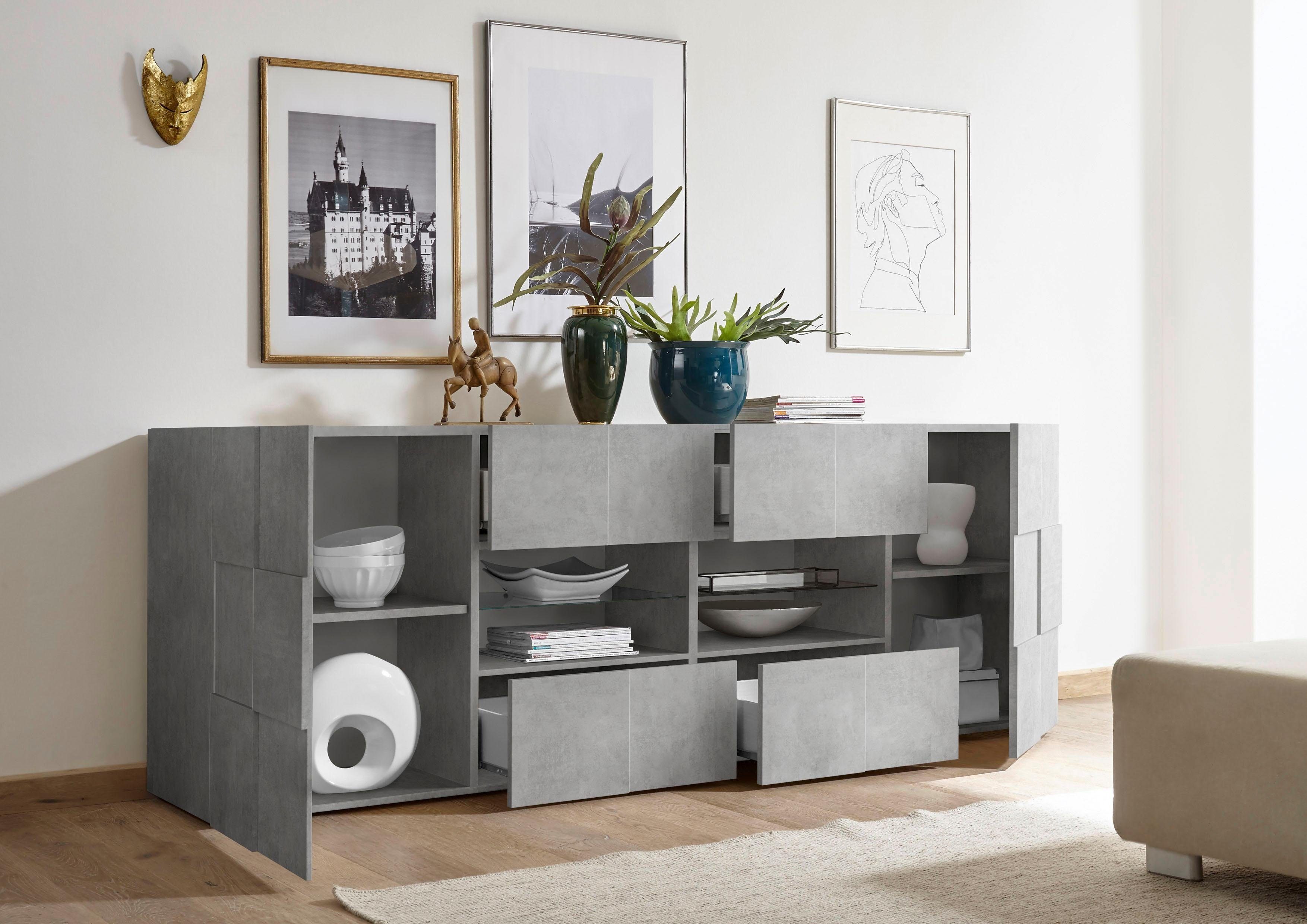 Home affaire Sideboard Dama Breite 241, Kommode 2 Türen u. 4 Schubkästen, Anrichte, Front in 3D-Optik, viel Stauraum, verschiedene Farben