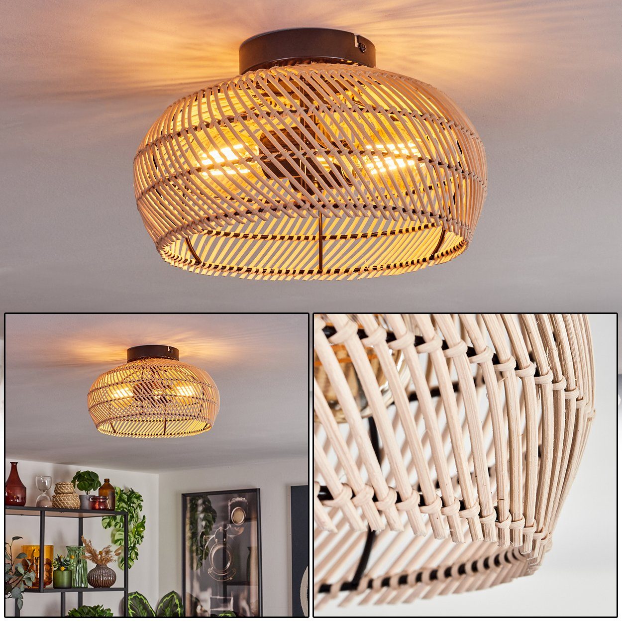 hofstein Deckenleuchte moderne Deckenlampe aus Metall/Bambus in Schwarz/Natur/Dunkelbraun, ohne Leuchtmittel, Deckenleuchte, Lichteffekt, Ø 30cm, 3xE27, ohne Leuchtmittel