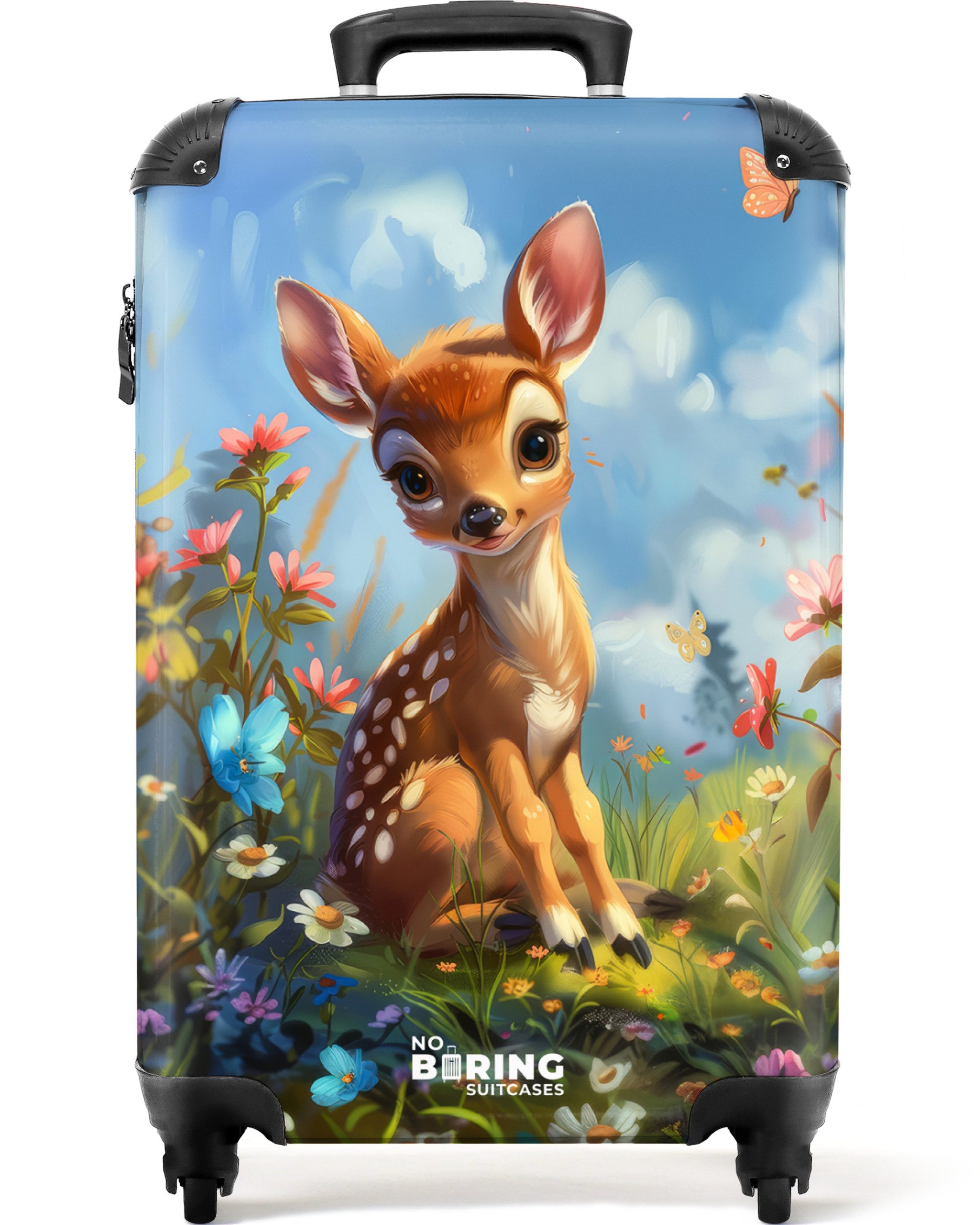 NoBoringSuitcases.com© Kinderkoffer Junges Reh sitzt inmitten von Blumen und Schmetterlingen 55x35x20cm, Kinder Koffer Klein, Trolley Handgepäck, Reisekoffer