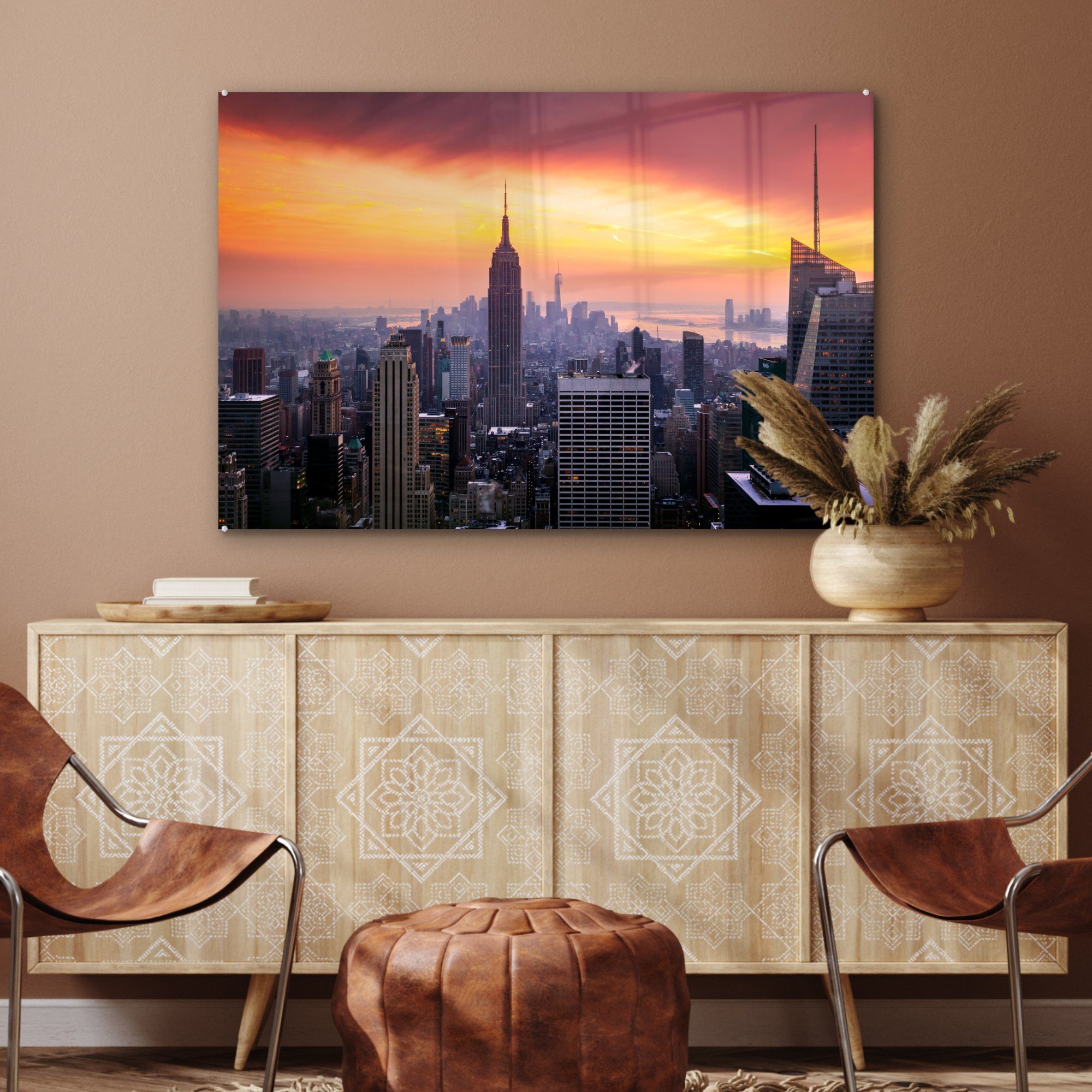 (1 Empire & Sonnenuntergang dem Wohnzimmer Acrylglasbild MuchoWow Schlafzimmer St), über Acrylglasbilder State Building,