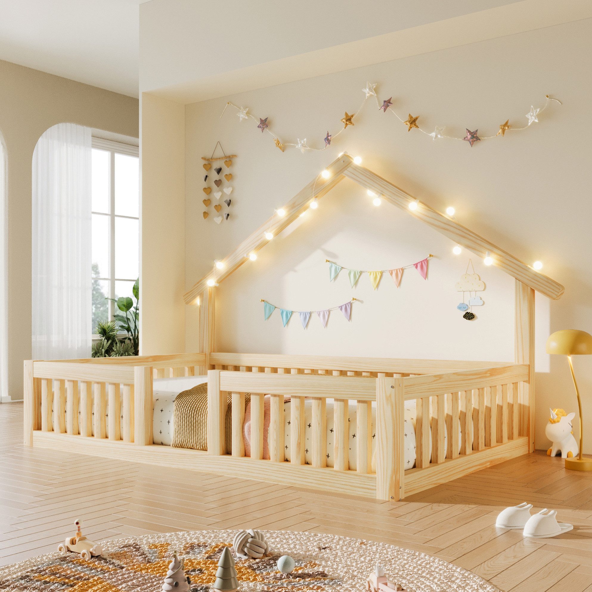 MODFU Kinderbett Bodenbett Holz mit LED Beleuchtung und Gitter 90×200 cm Natur (Packung, 1-tlg., Bettgestell aus Holz mit Lichterkette und offenem Aufbau ohne Matratze), Hausbett Design mit Rausfallschutz für moderne Kinderzimmer Räume